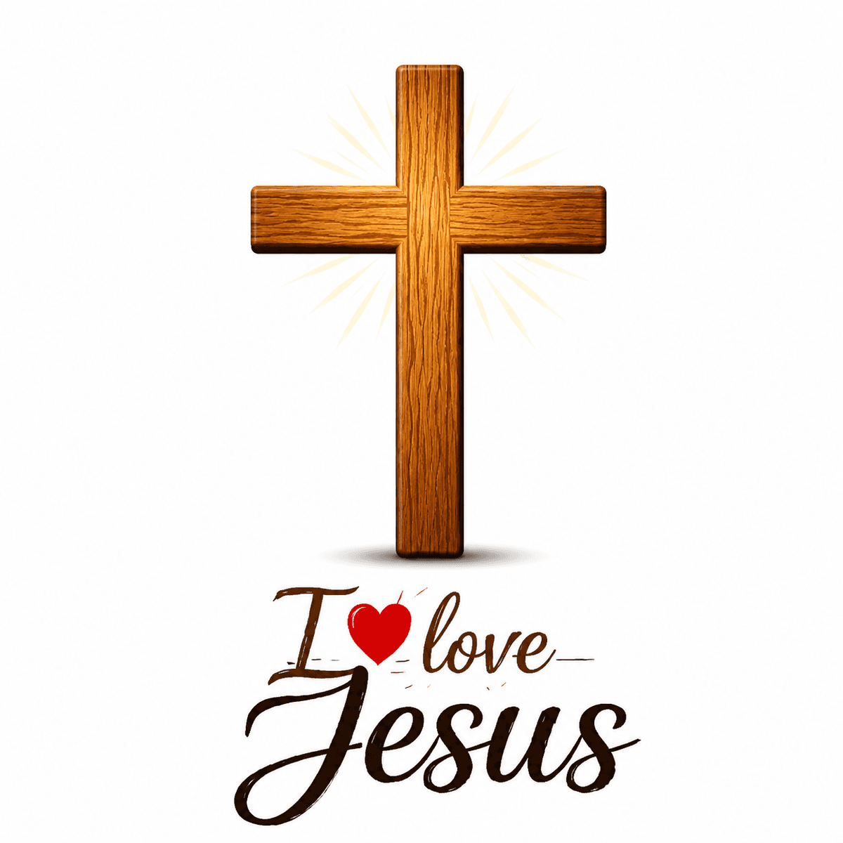 A wooden Christian cross with the message "I Love Jesus" on a clean white background, symbolizing faith, love, hope, worship, and devotion to Jesus Christ.