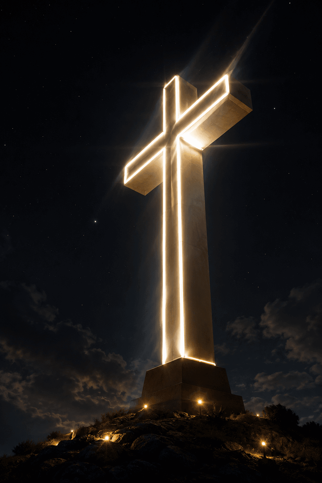 High-resolution 4K image of a glowing illuminated Christian cross standing on a hill under a starry night sky, ideal for Christian wallpapers, church projects, and spiritual artwork.