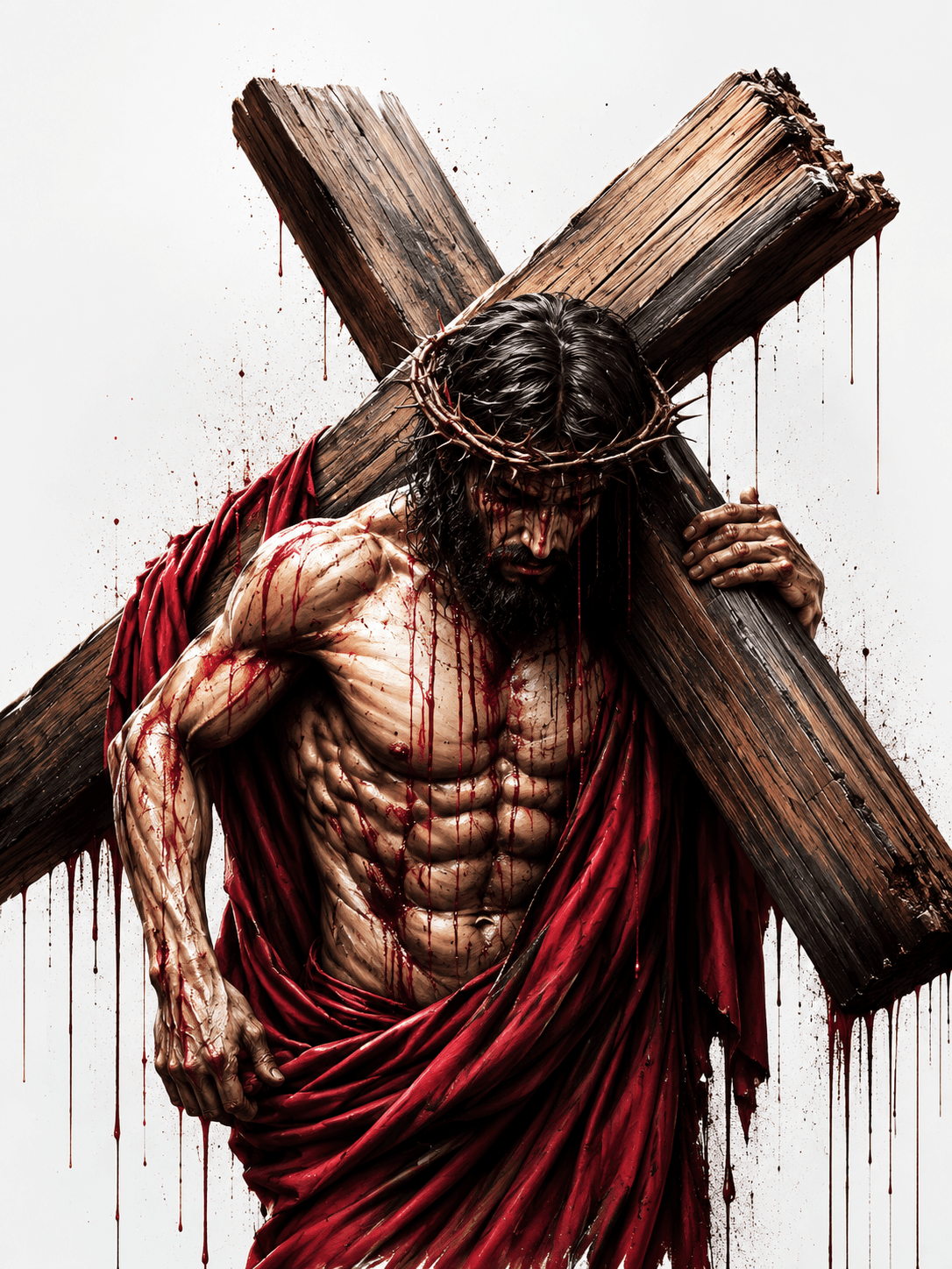 Dramatic 4K image of Jesus Christ carrying the wooden cross while wearing a crown of thorns, high-resolution HD wallpaper.