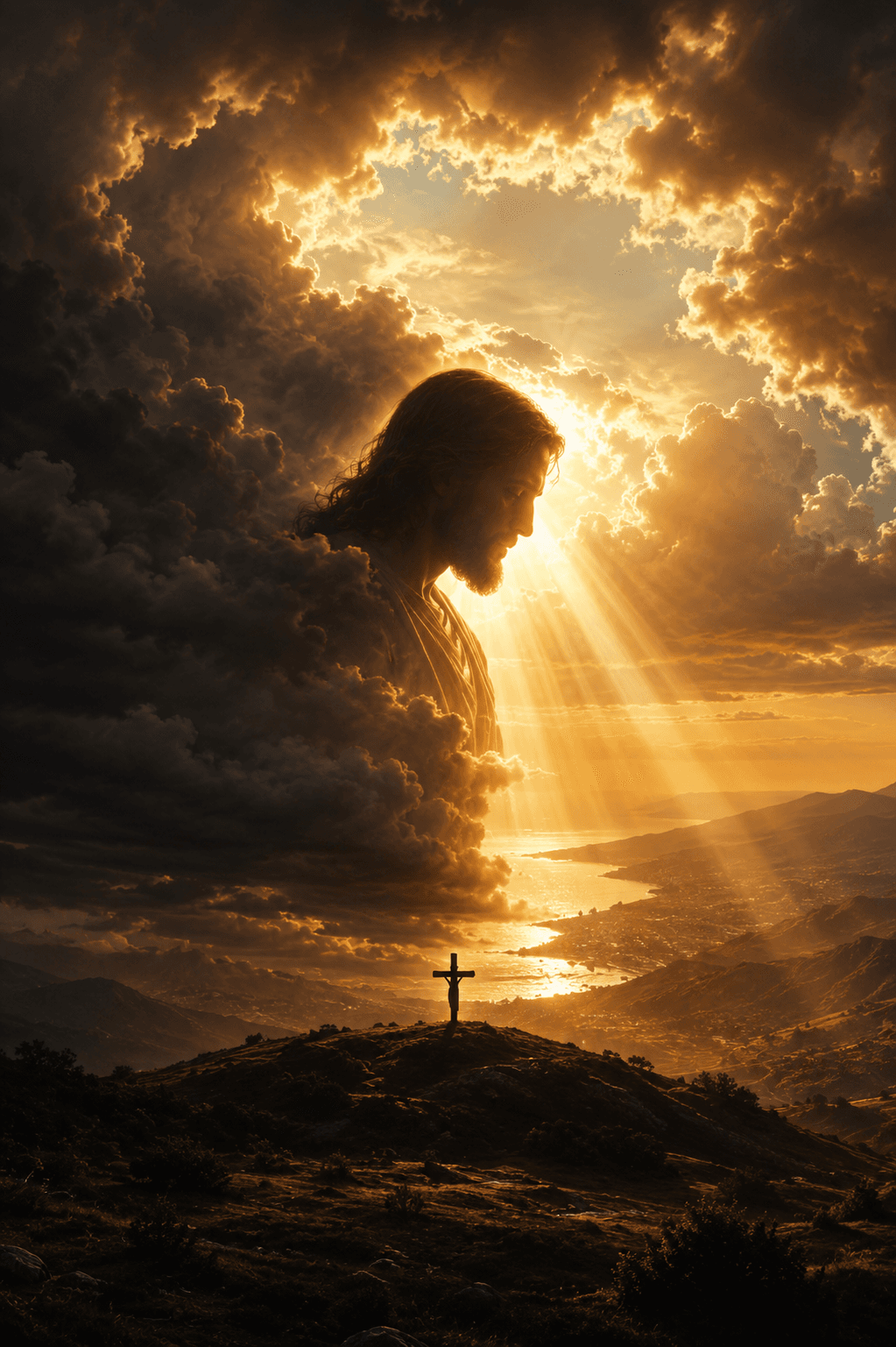High-resolution artwork of Jesus Christ appearing among dramatic golden clouds with radiant sun rays shining over a cross on a hill, creating a peaceful Christian devotional HD wallpaper.