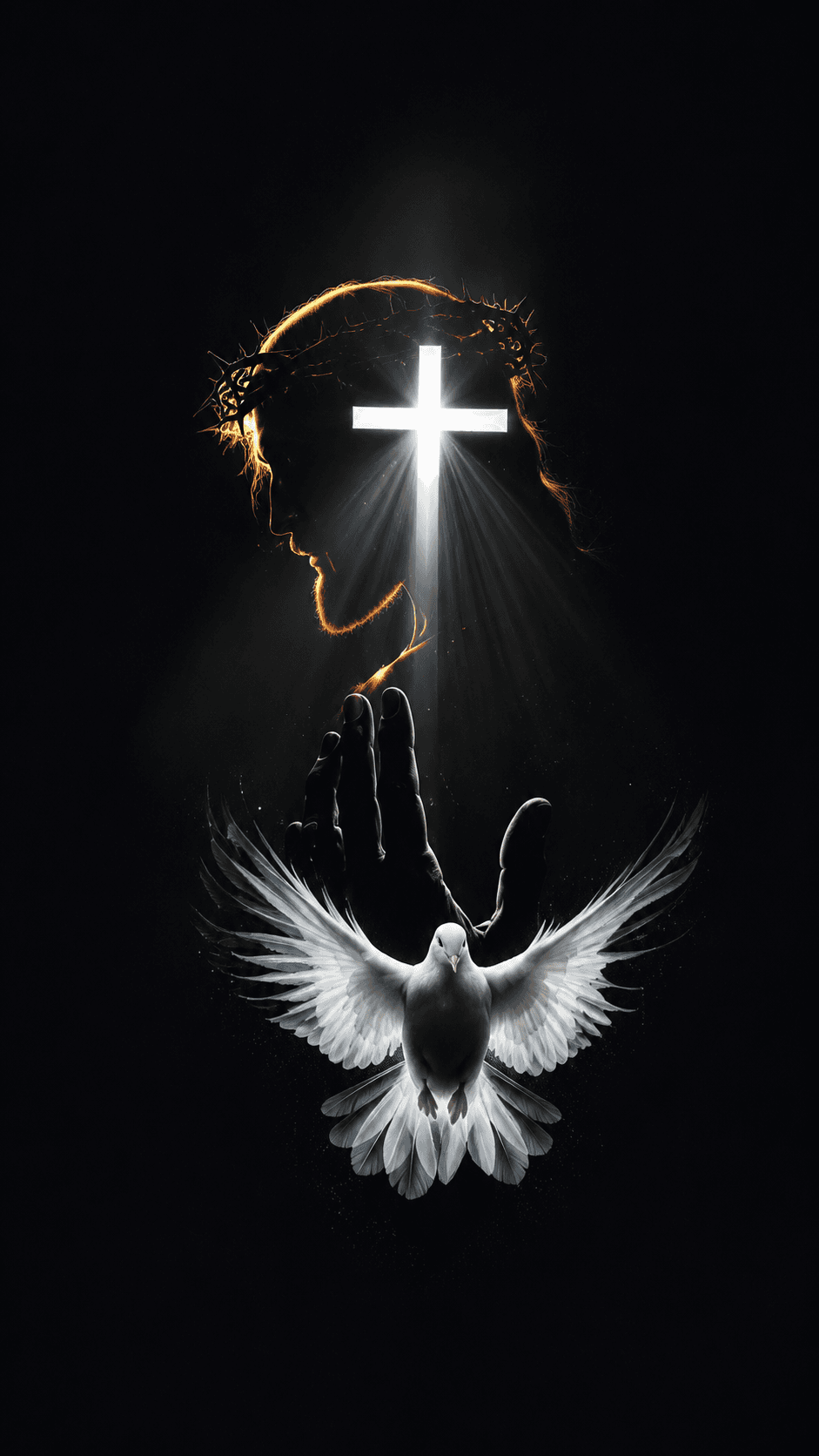 High-resolution 4K artwork of Jesus Christ with a glowing cross, Holy Spirit dove, and praying hand against a dark background, ideal for Christian wallpapers and devotional designs.