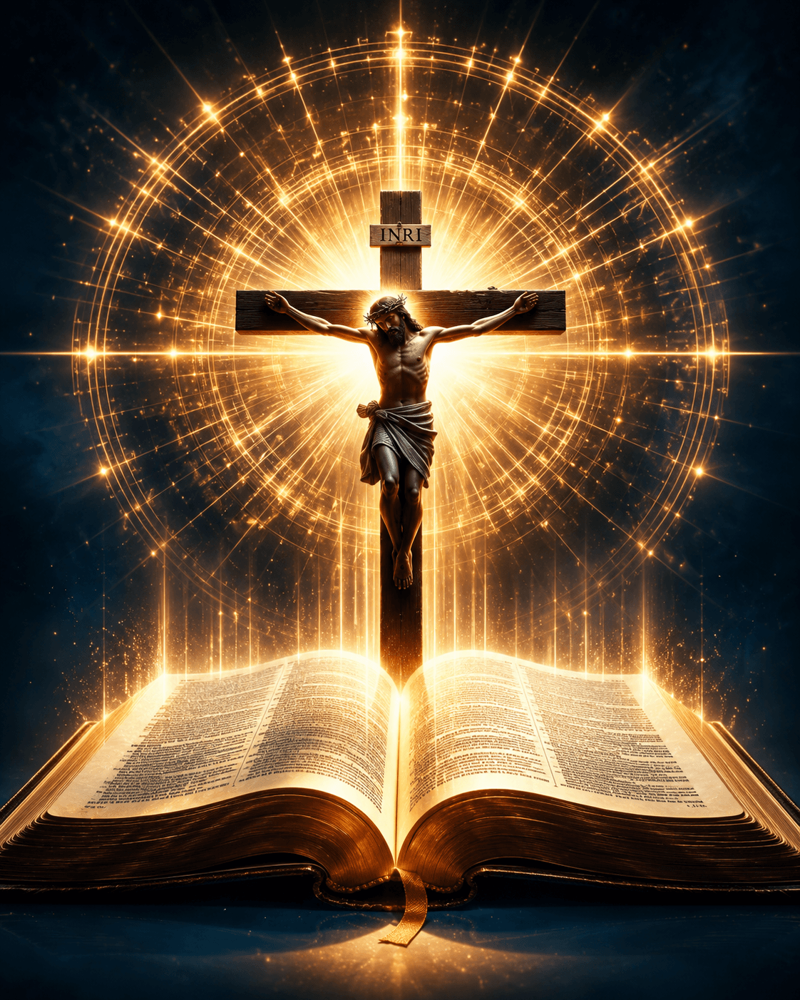 Glowing 4K artwork of Jesus Christ on the cross above an open Holy Bible with radiant golden light, ideal for Christian wallpapers and devotional designs.