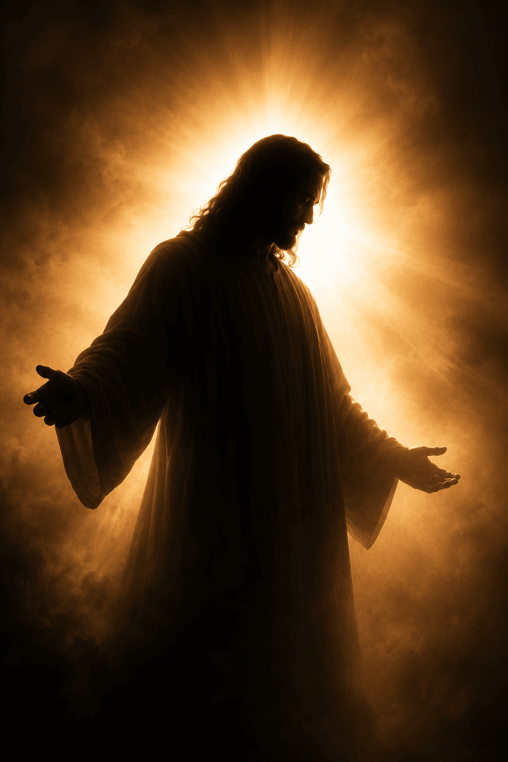 High-resolution image of Jesus Christ standing with outstretched arms, surrounded by radiant golden light, perfect for HD wallpapers and devotional artwork.