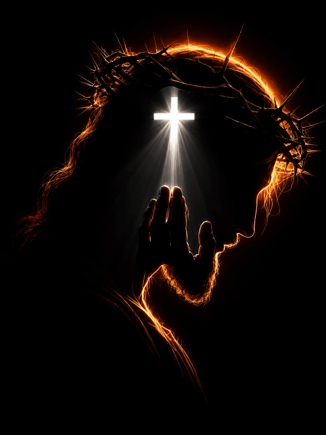 High-resolution 4K artwork of Jesus Christ praying with a glowing cross of light and a crown of thorns on a dark background, ideal for Christian wallpapers, prayer, church designs, and devotional artwork.