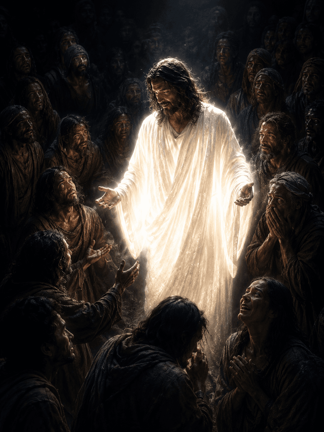 High-resolution artwork of the resurrected Jesus Christ glowing with divine light while appearing before amazed followers, creating a powerful Christian devotional HD wallpaper.