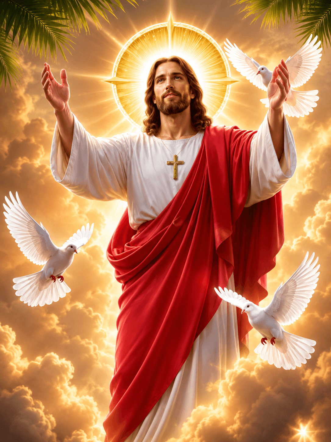 High-resolution artwork of Jesus Christ in white and red robes with radiant golden light, white doves, and a glowing halo, creating a peaceful Christian devotional HD wallpaper.