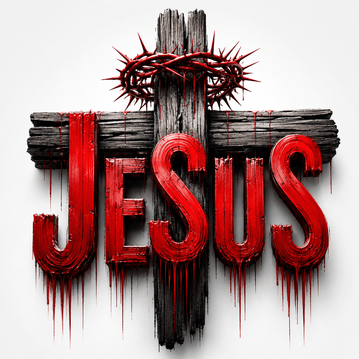 Artistic wooden Jesus cross with a crown of thorns and bold red Jesus lettering in high-resolution 4K, ideal for Christian wallpapers and devotional artwork.