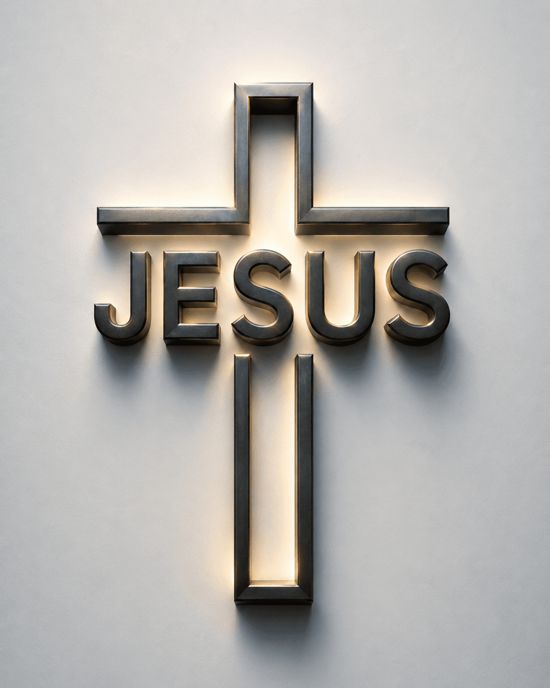 Modern metallic Jesus cross with glowing backlight and Jesus text in high-resolution 4K, perfect for Christian wallpapers and devotional designs.