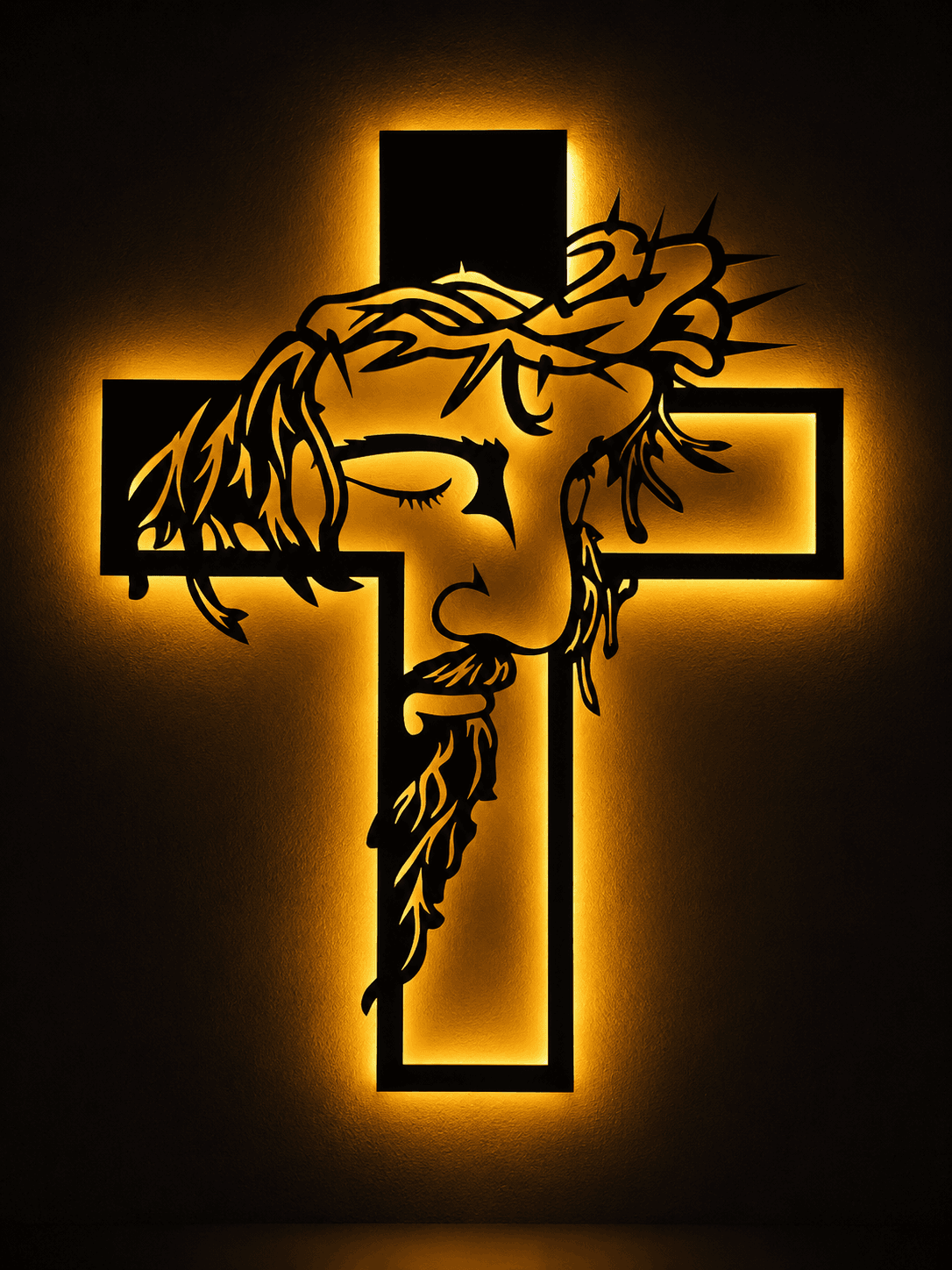 High-resolution Christian artwork featuring the face of Jesus Christ with a crown of thorns integrated into a glowing golden cross, symbolizing faith, sacrifice, hope, and redemption.