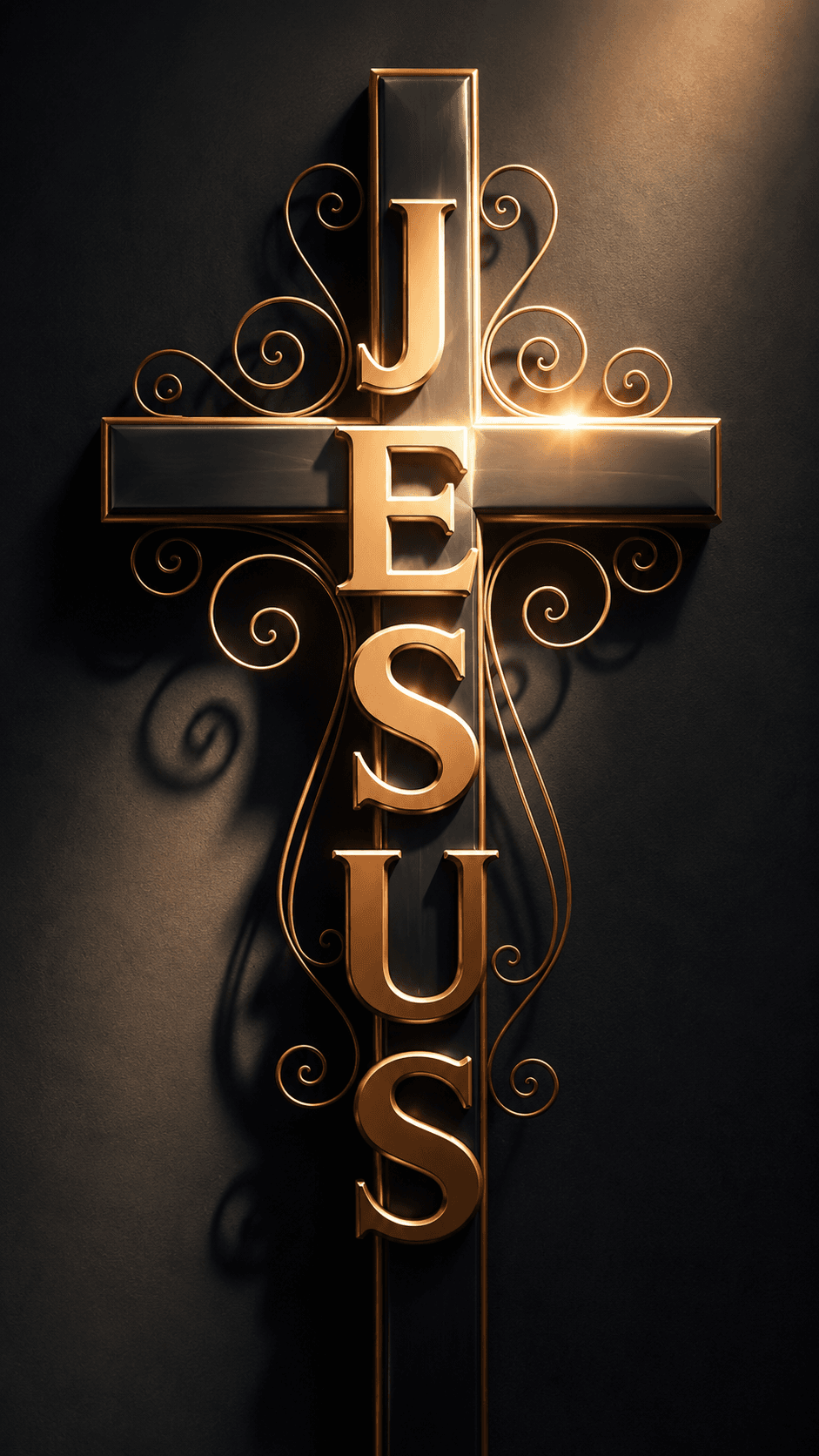 Elegant Christian cross featuring the name JESUS in gold lettering with decorative accents, symbolizing faith, salvation, hope, worship, and devotion to Jesus Christ.