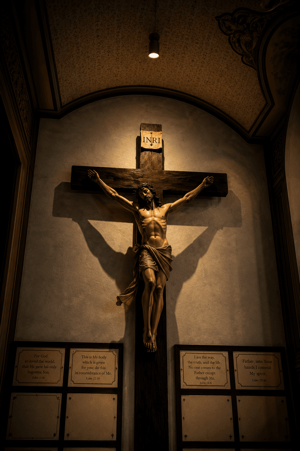 A wooden crucifix of Jesus Christ displayed inside a church with warm lighting, the INRI sign, and Bible verses beneath the cross.