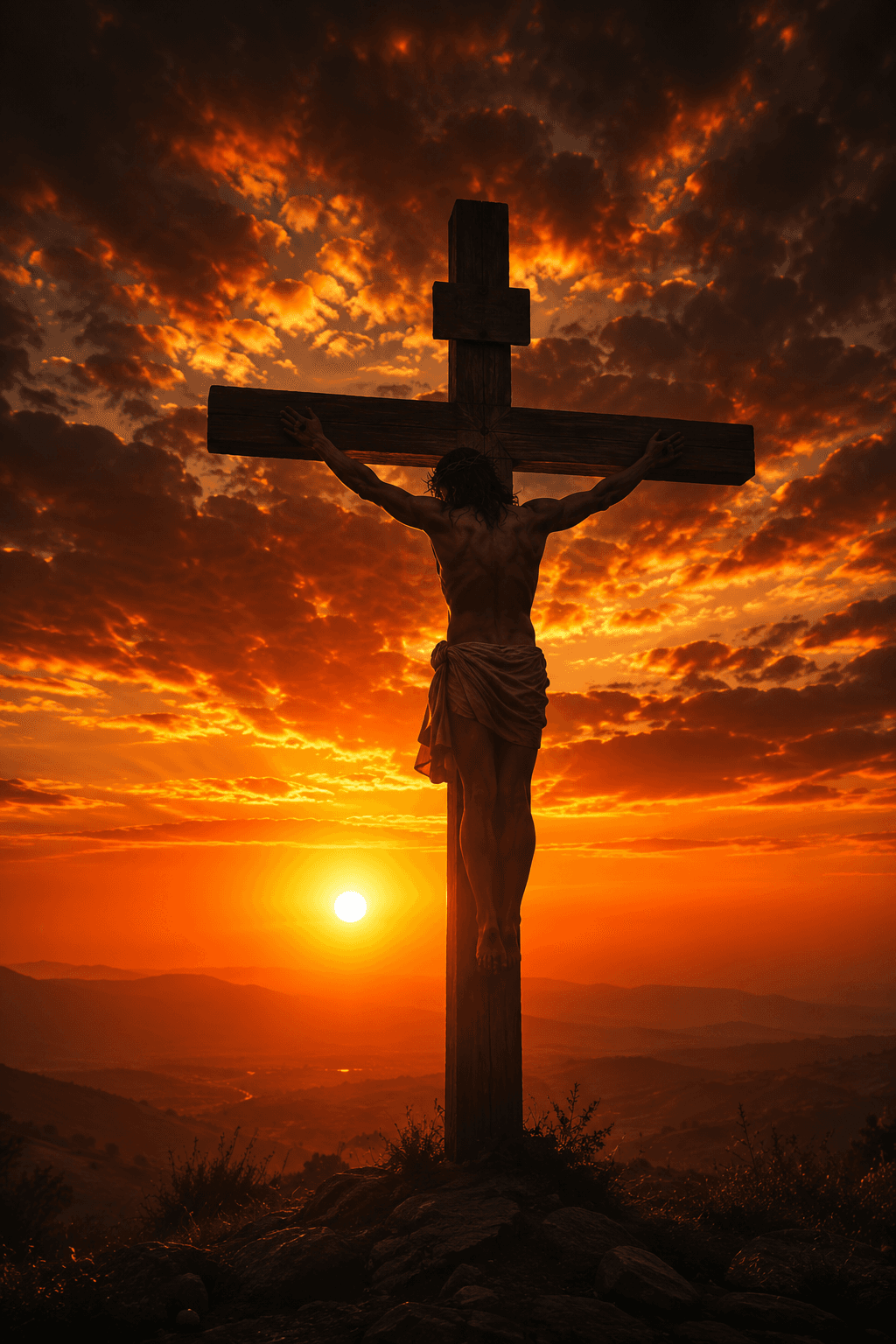 Beautiful Christian artwork of Jesus Christ crucified on the cross during a dramatic sunset with glowing orange clouds, symbolizing sacrifice, redemption, hope, and faith.