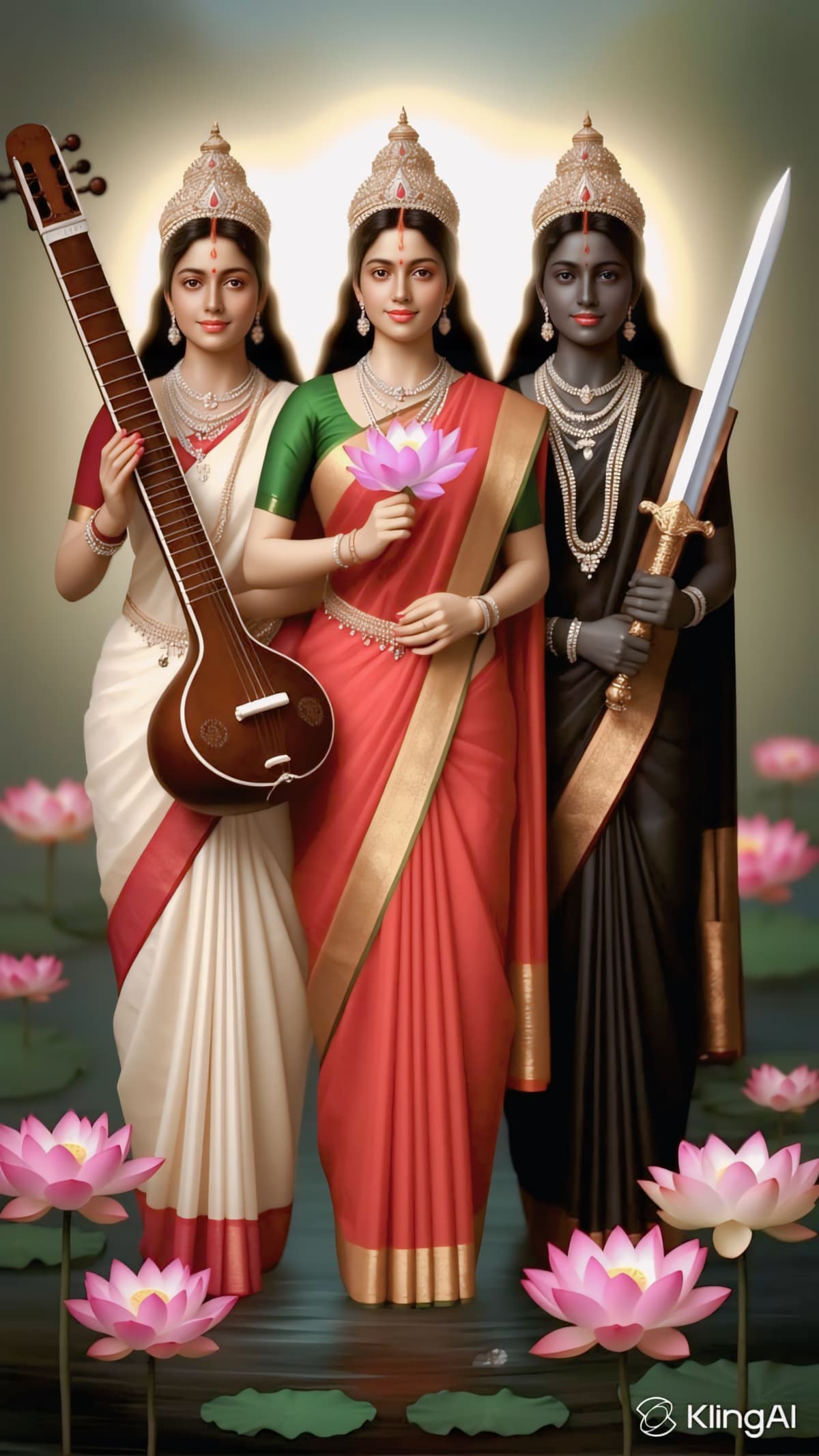 HD image of Goddess Kali with Lakshmi and Saraswati holding lotus and veena.
