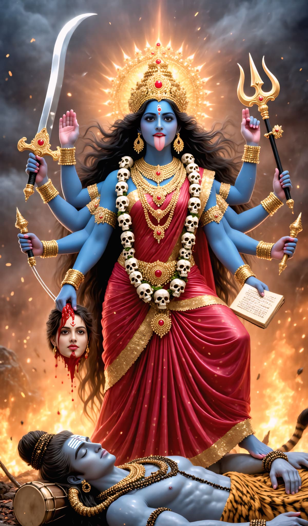 4K HD image of Goddess Kali with glowing eyes, blue skin, skull garland, holding swords, axe, and trident, standing amid fire and lightning, free download