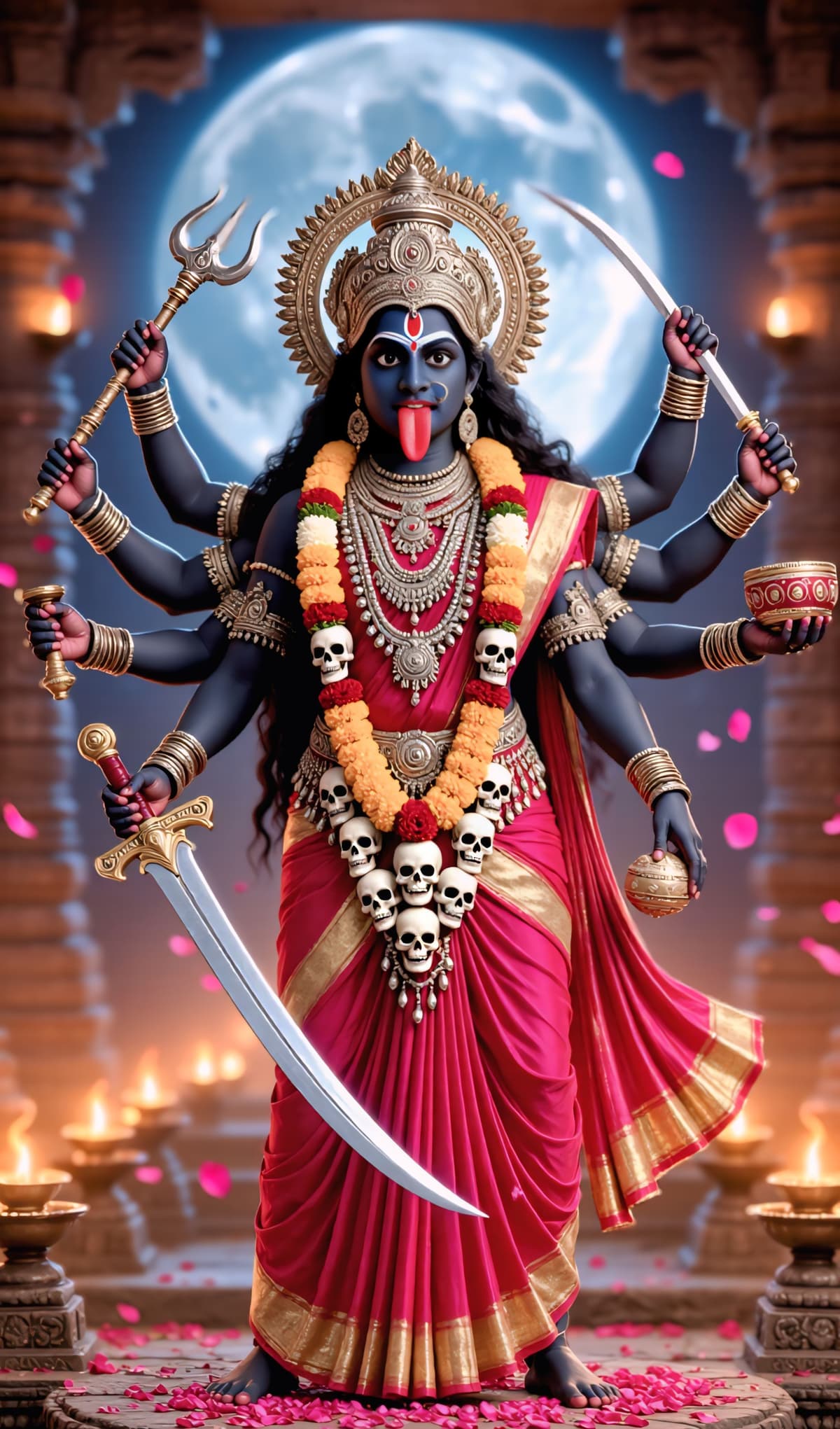 4K HD image of Goddess Kali in red saree with skull garland, multiple arms holding sword and trident, standing under full moon — free to download.