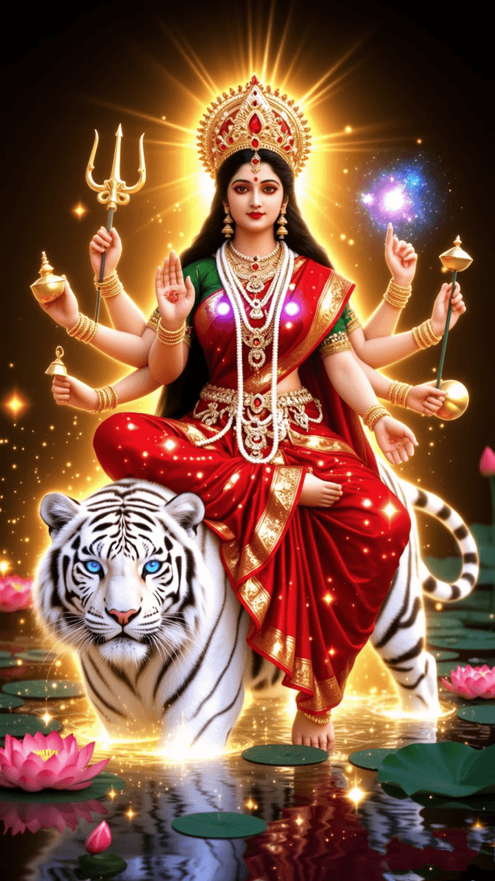 Kushmanda Mata sitting on white tiger with divine glow