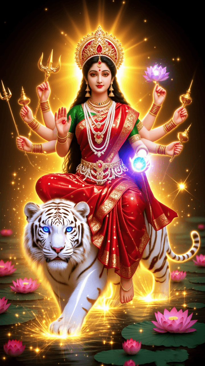 Kushmanda Mata image with tiger and glowing aura