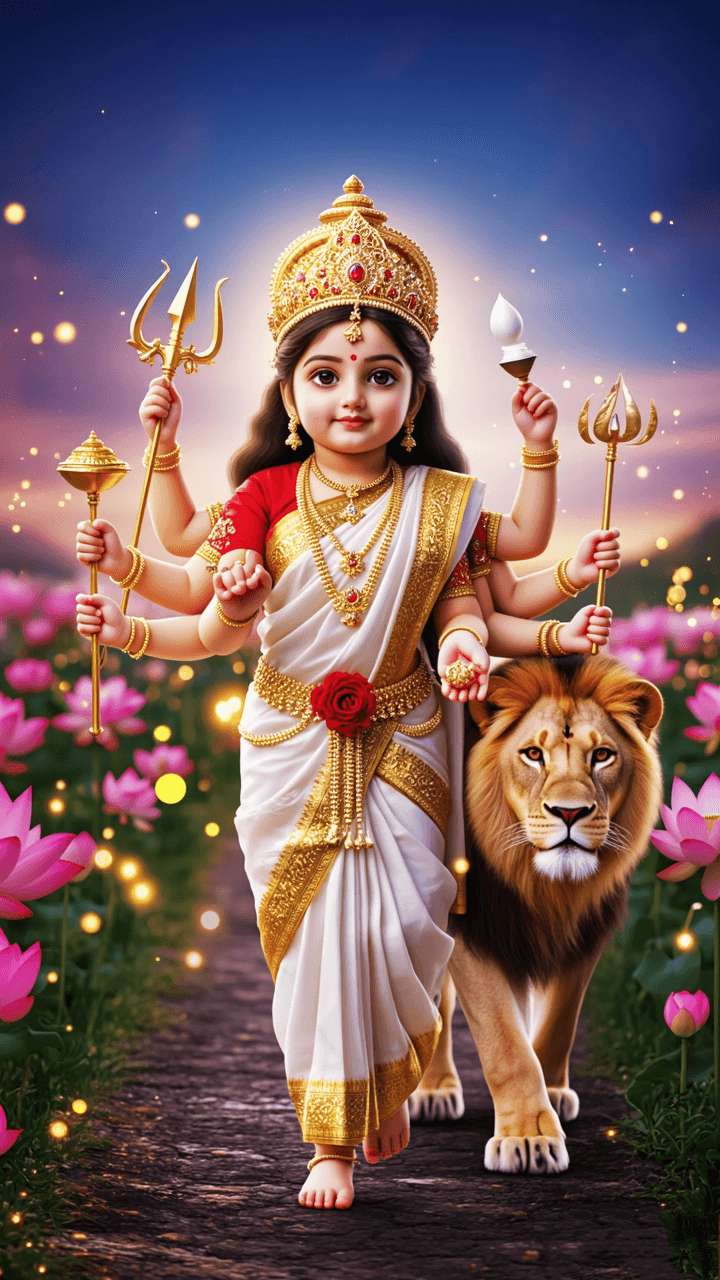 Child form of Goddess Durga walking with lion in lotus garden