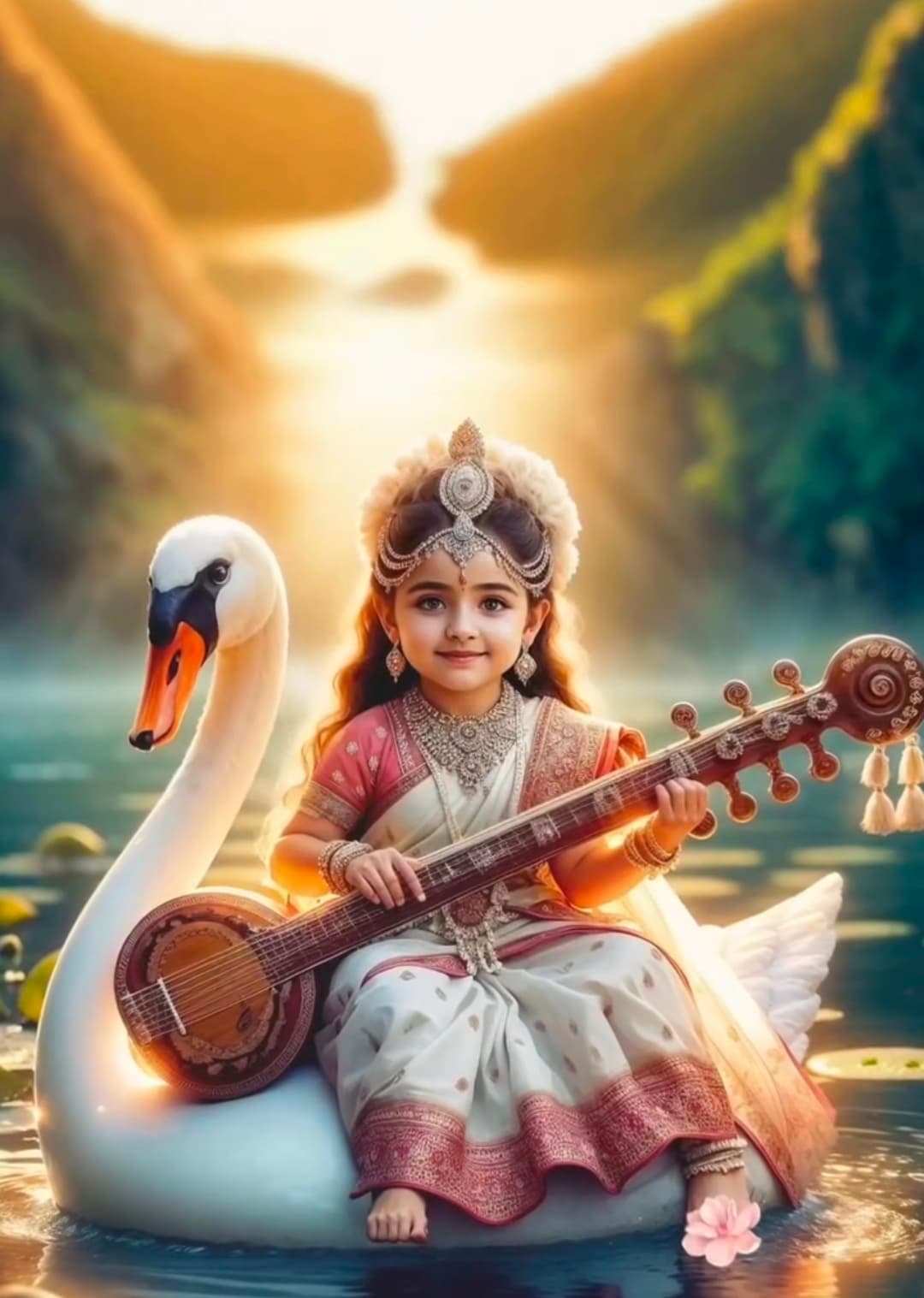 Little Goddess Saraswati sitting on a swan with veena in her hands.