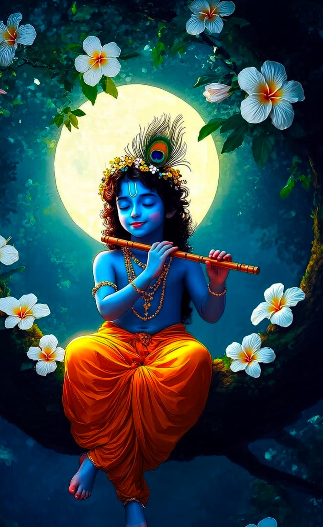 Little Krishna playing flute under moonlight with flowers around.