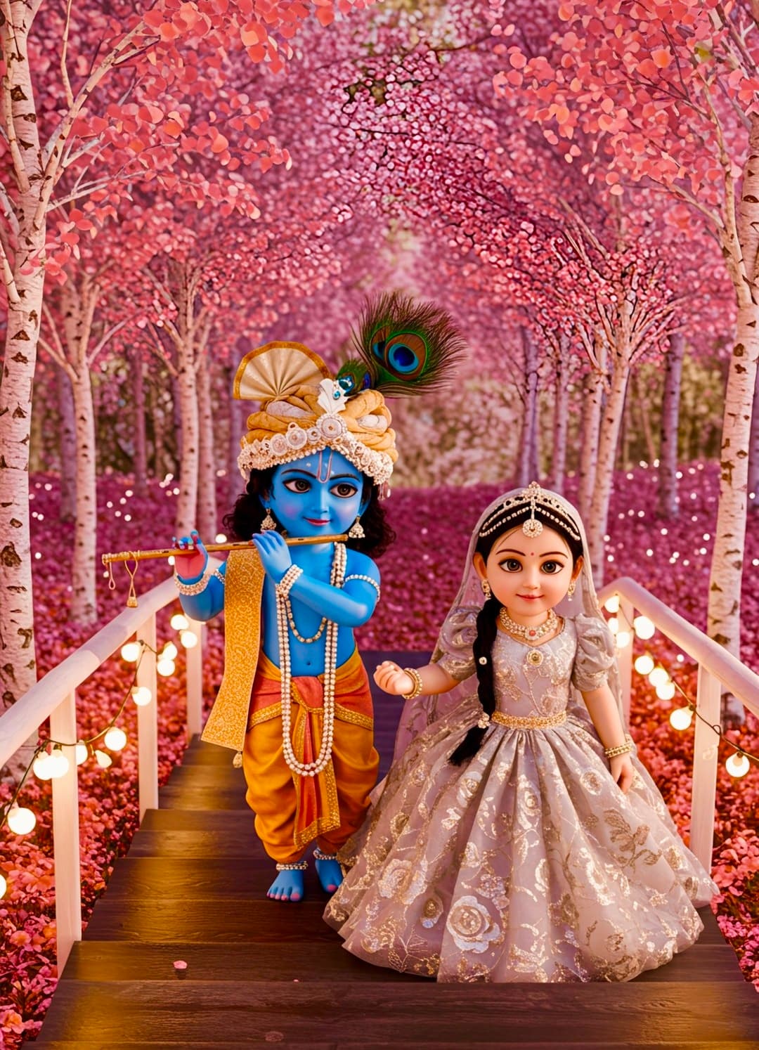 Little Krishna with flute and Radha walking in pink flower garden path.