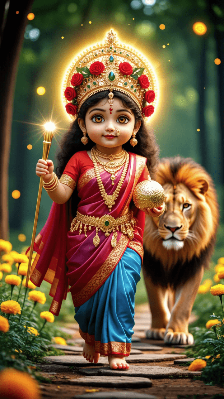 Child Goddess Durga walking with lion in yellow flower garden