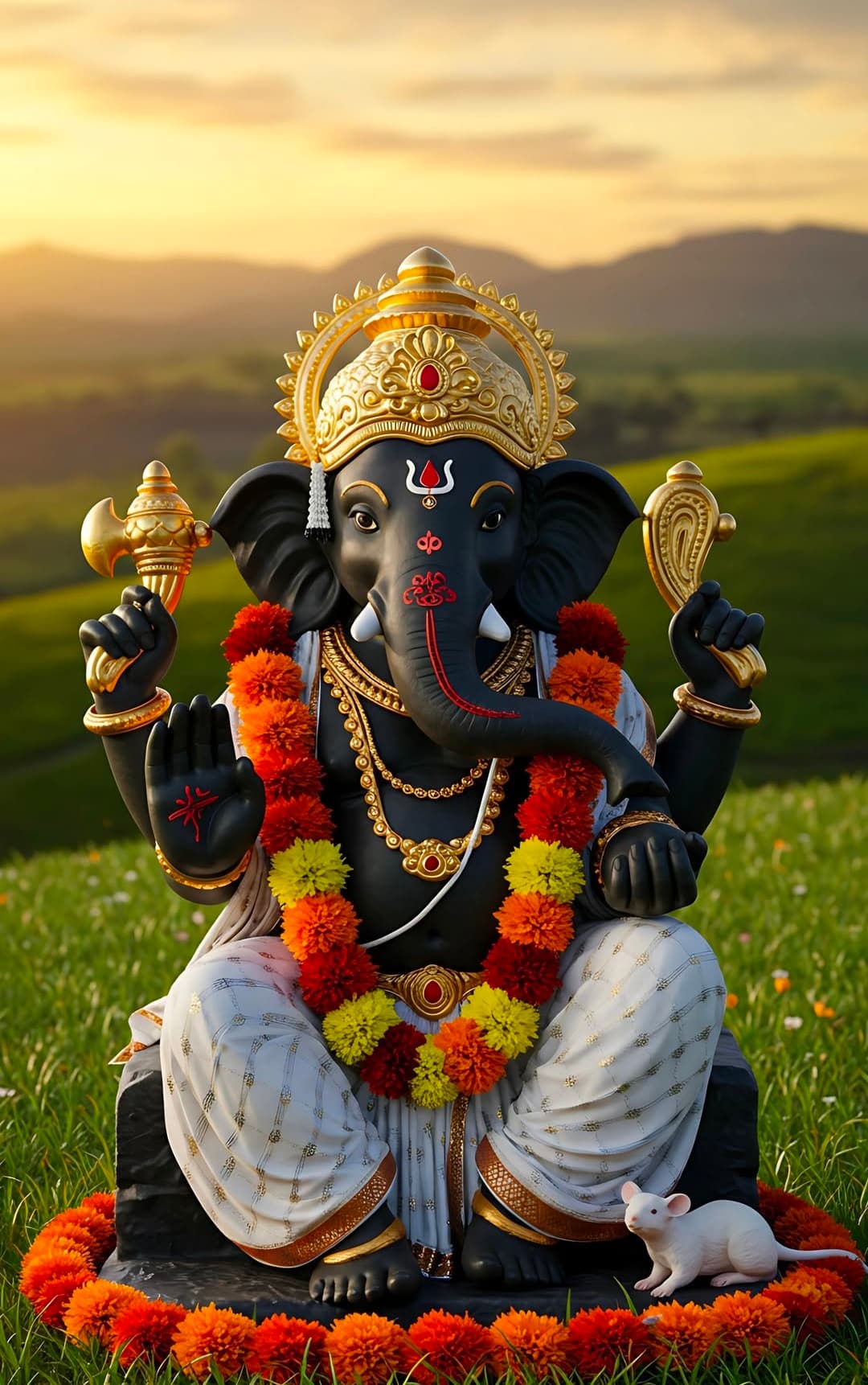 Black idol of Lord Ganesha with crown and flower garland sitting in nature