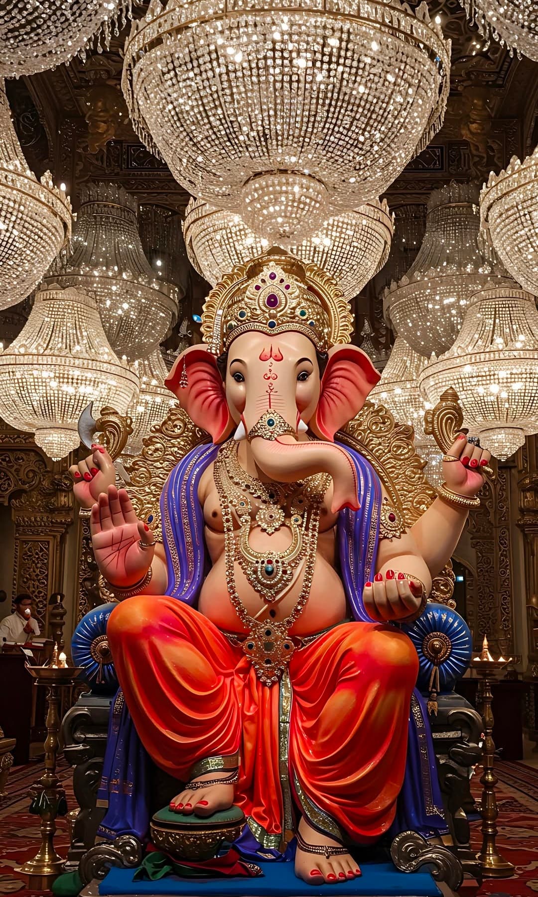 Lord Ganesha idol with crown, ornaments, and grand decoration