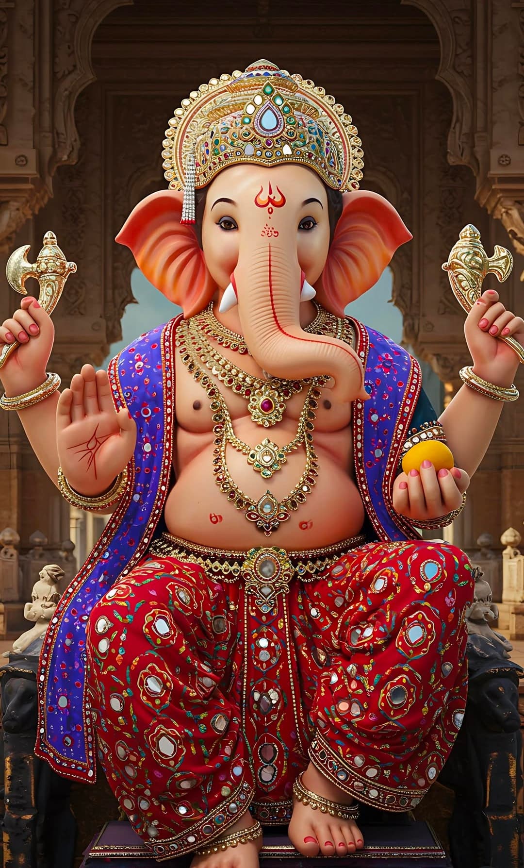 Lord Ganesha idol with crown, jewelry, and red attire