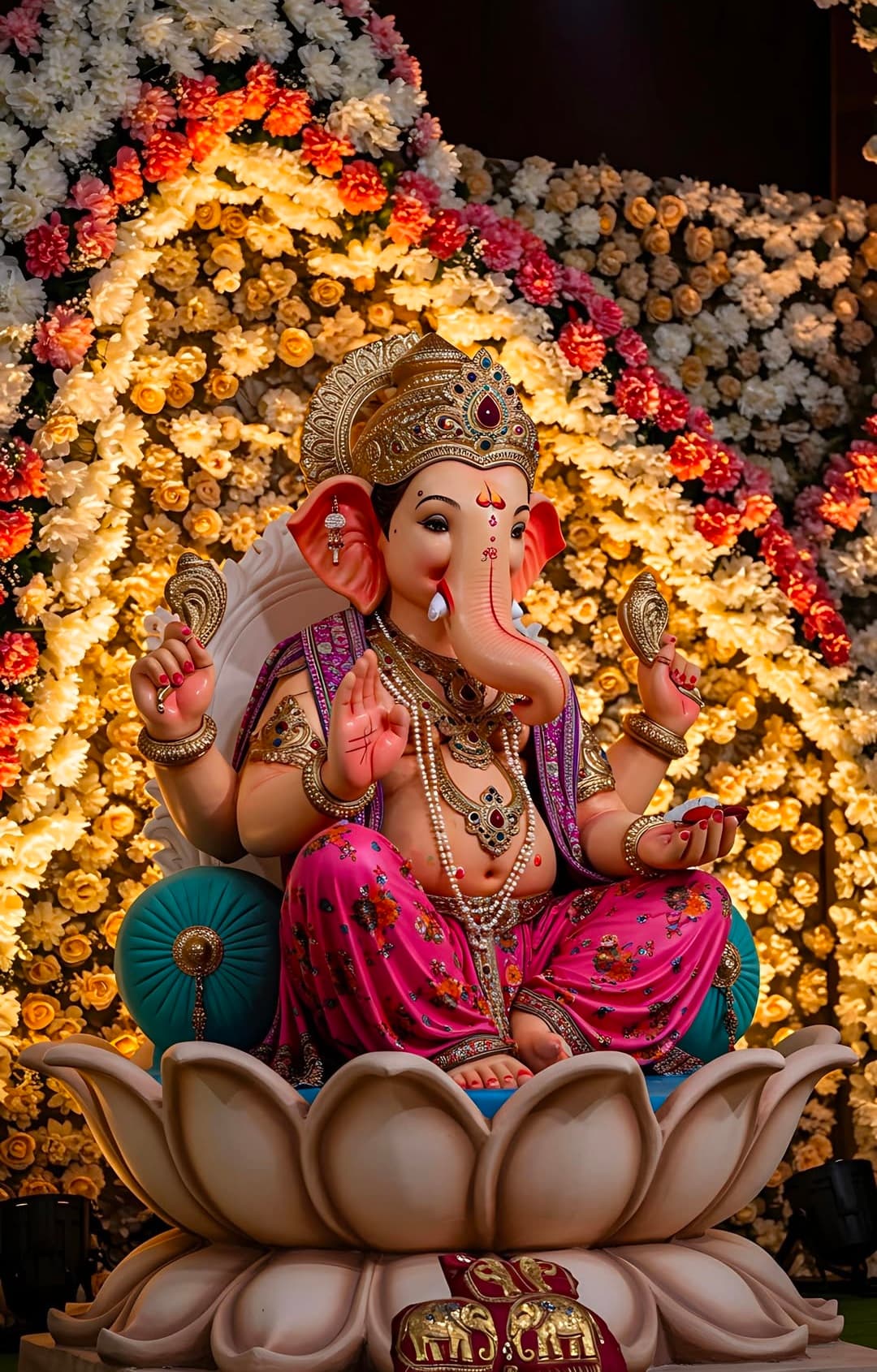 Lord Ganesha idol sitting on lotus with floral background