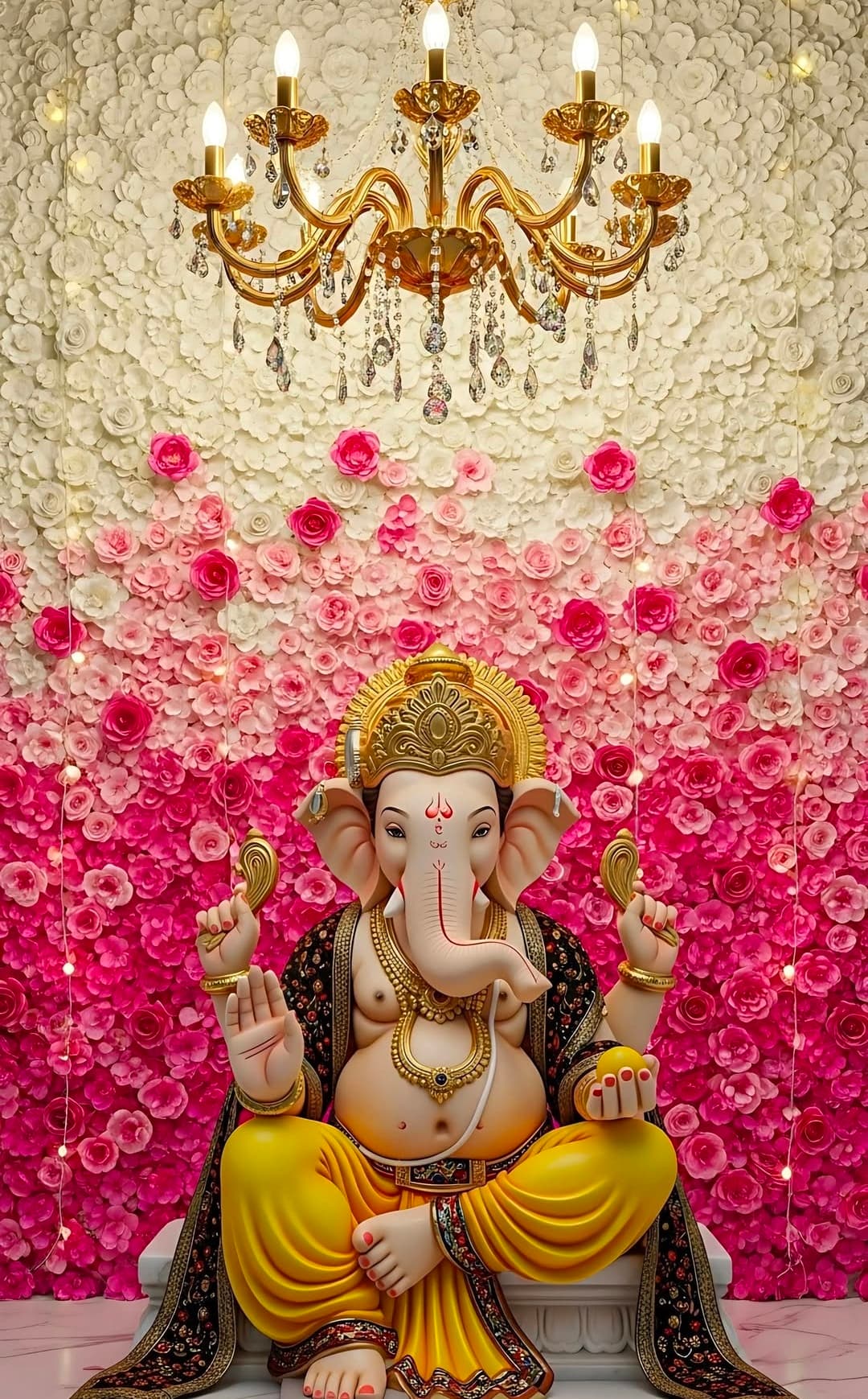Lord Ganesha idol sitting in front of pink and white flower background with chandelier.