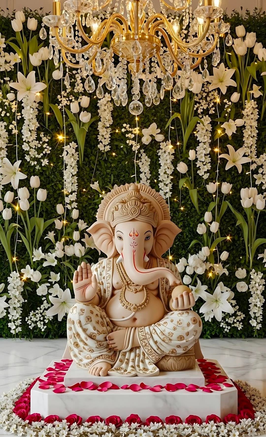 Lord Ganesha idol with golden attire, surrounded by white flowers and rose petals.