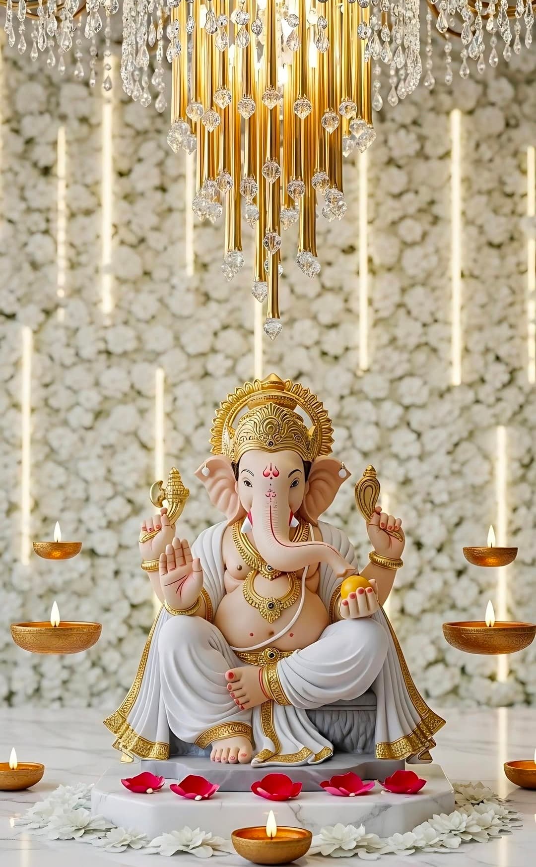 Lord Ganesha idol in white attire with golden ornaments surrounded by diyas and flowers.