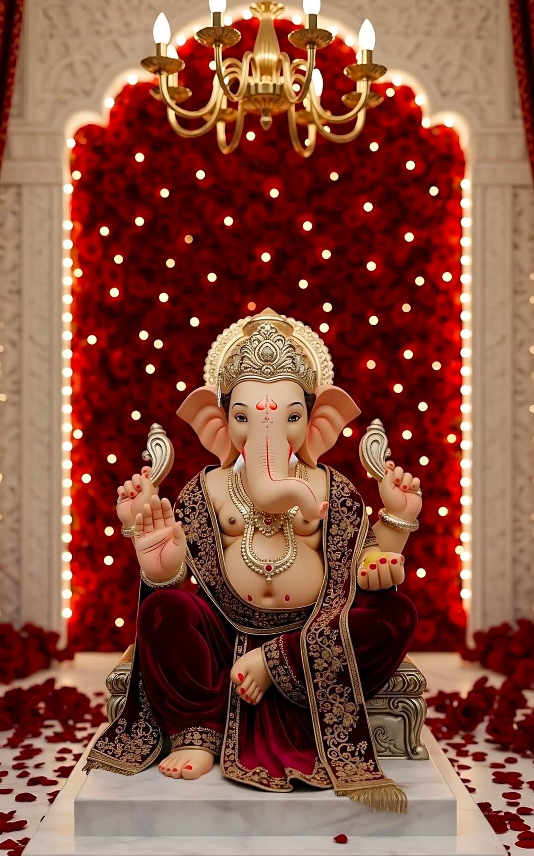 Lord Ganesha idol in red attire with golden ornaments, seated before red rose backdrop.