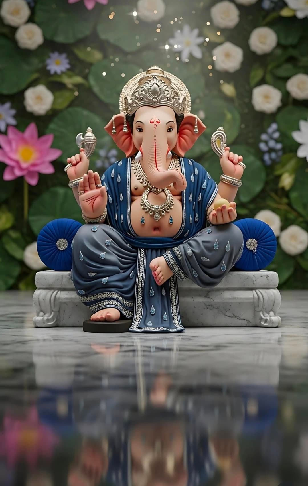 Lord Ganesha seated on marble platform wearing blue attire with lotus flower background