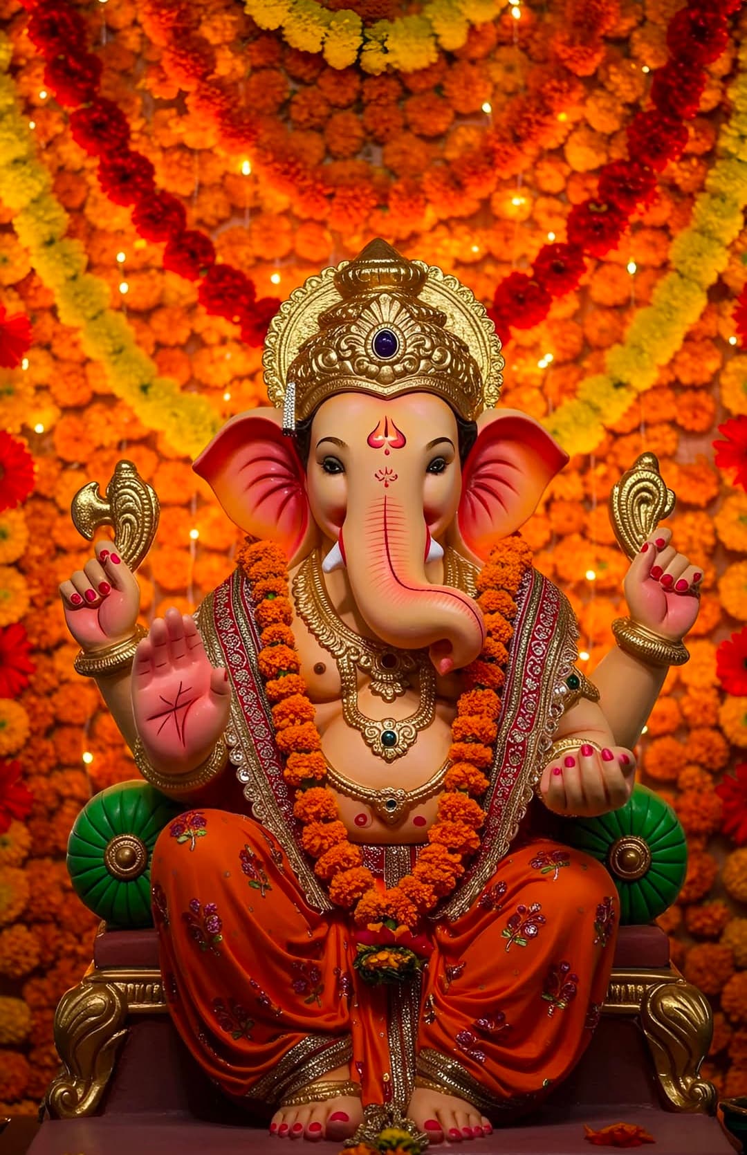 Lord Ganesha seated with orange attire and marigold floral background