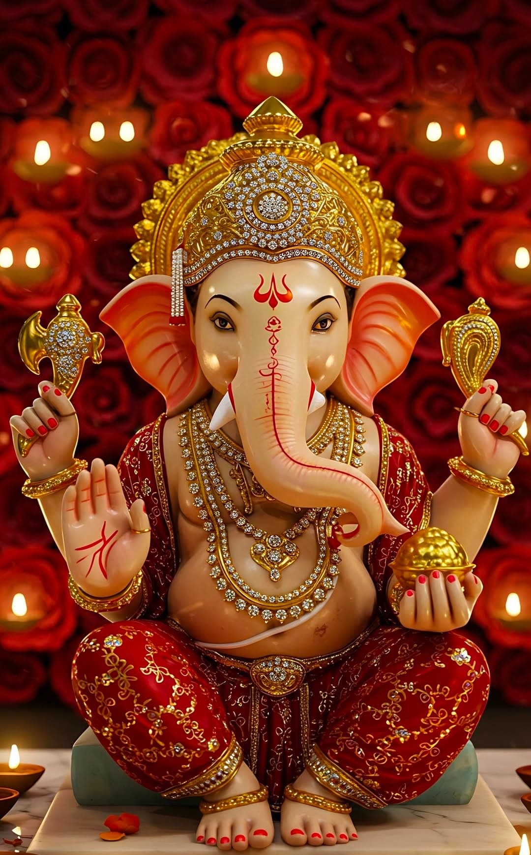 Lord Ganesha seated in red attire with golden crown, holding modak and blessing devotees.
