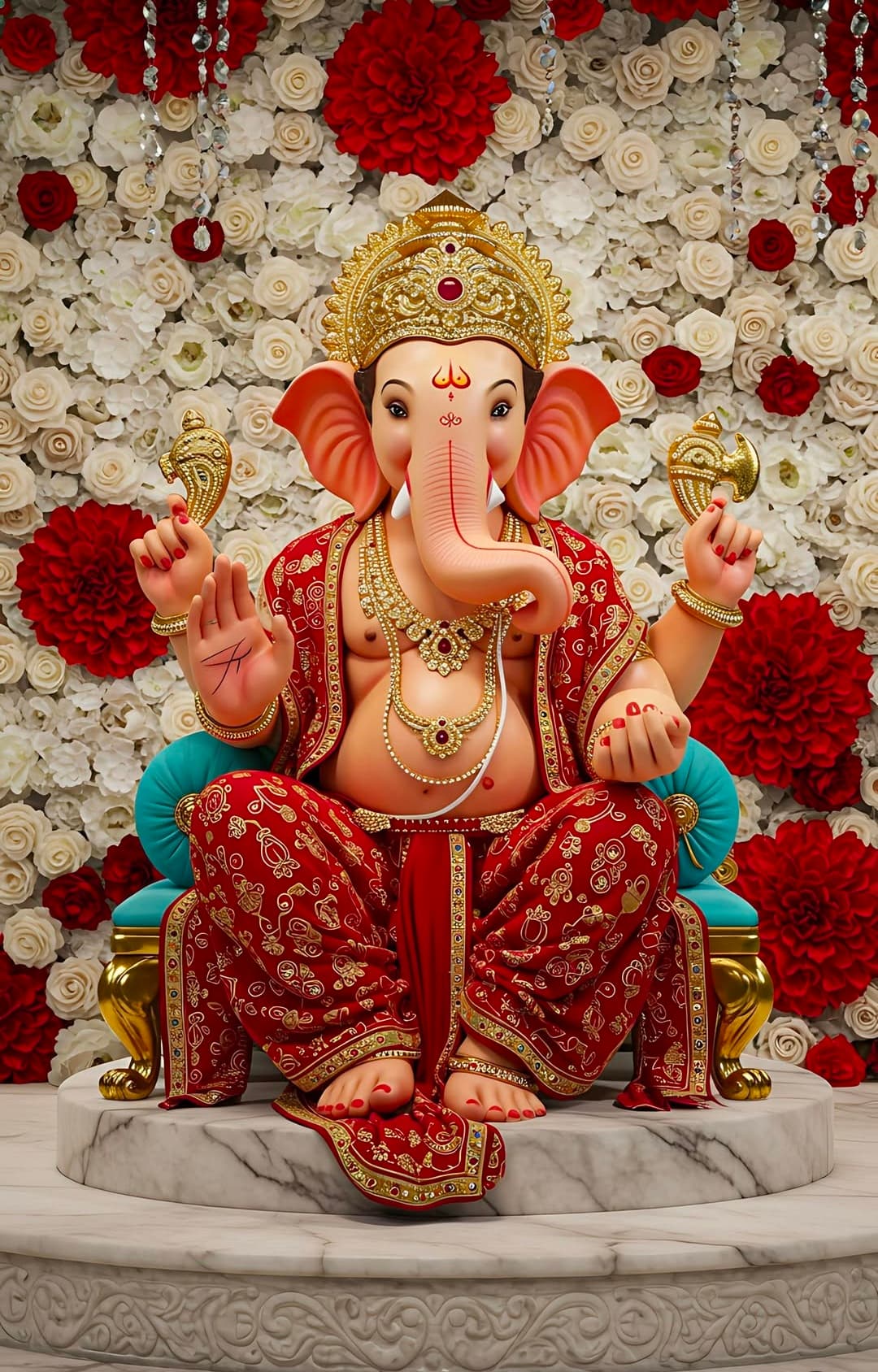 Lord Ganesha seated on throne wearing red attire with floral background