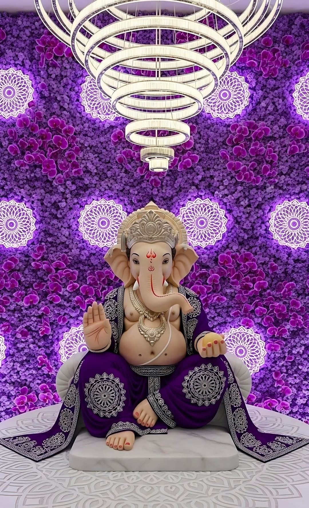 Lord Ganesha seated on marble seat wearing purple attire with floral mandala background