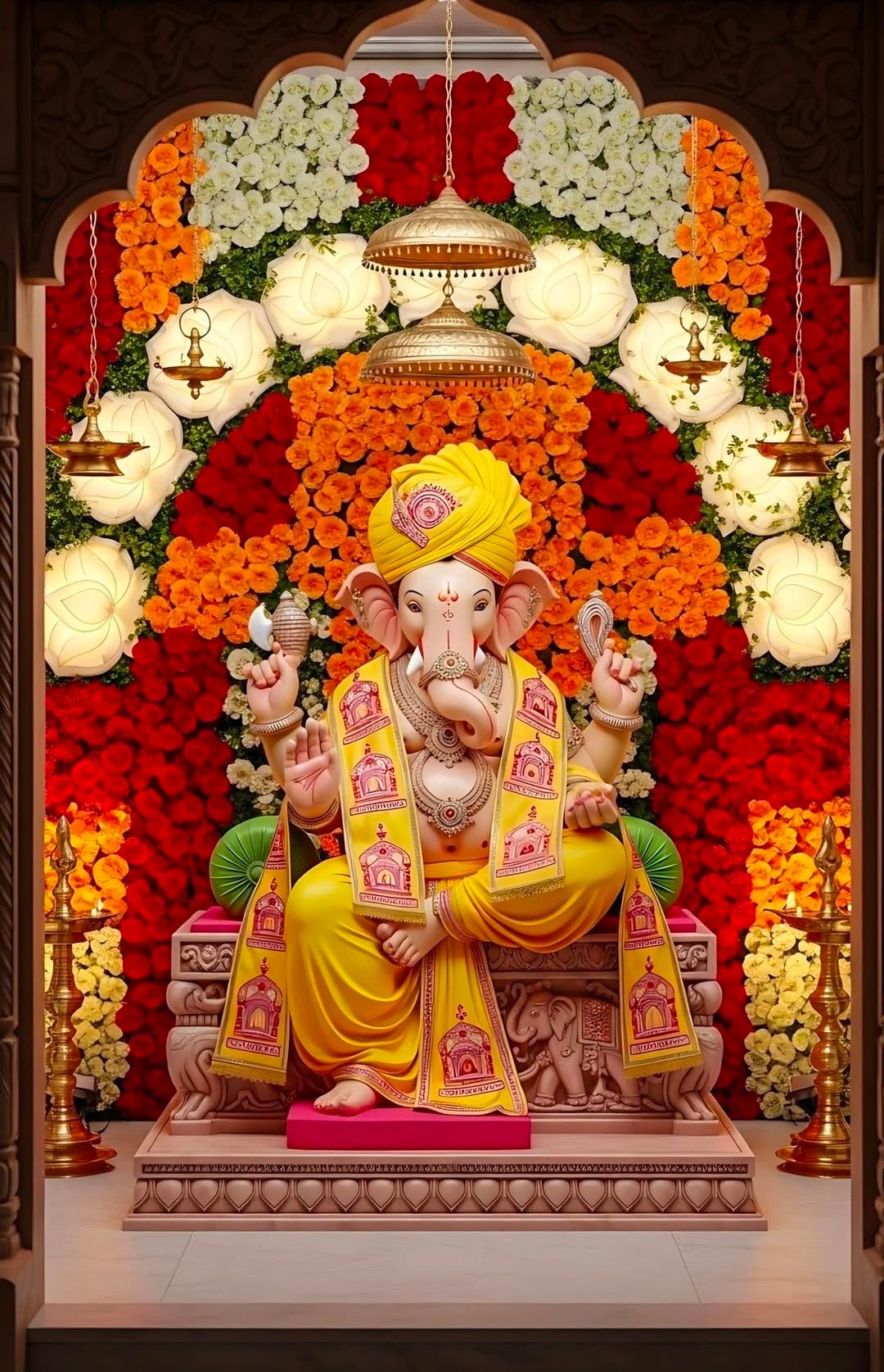 Lord Ganesha seated in yellow attire with floral and lotus light decoration