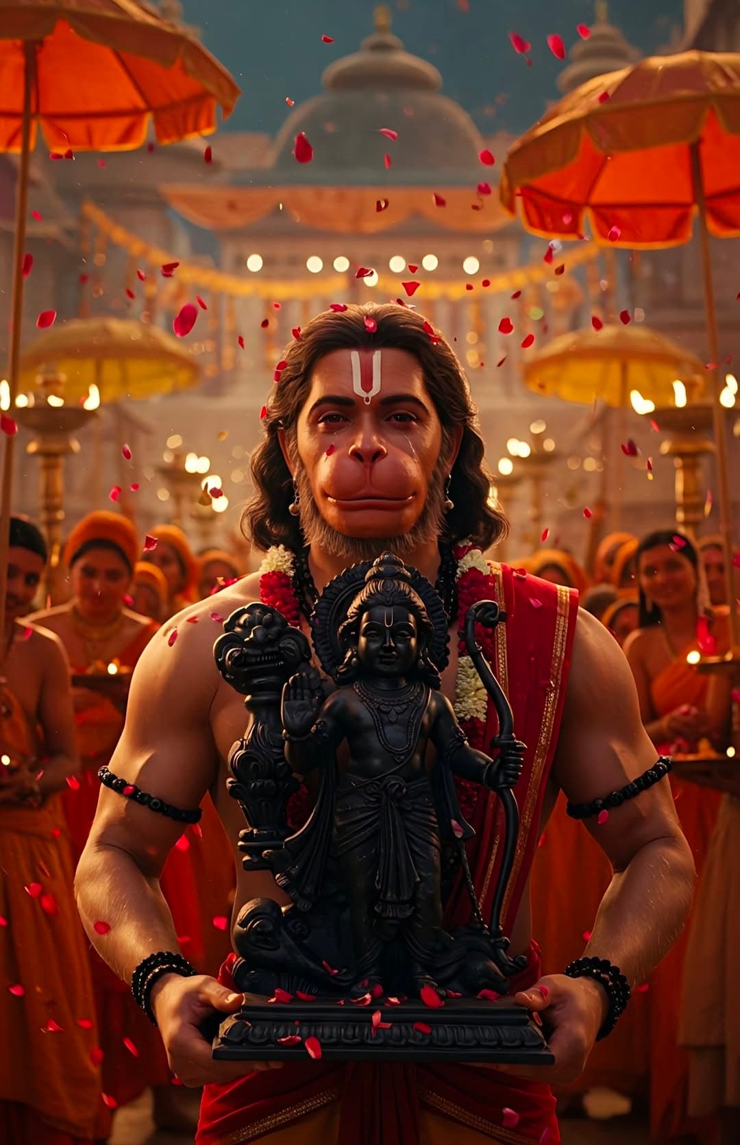 Lord Hanuman carrying idol of Lord Rama in a temple atmosphere