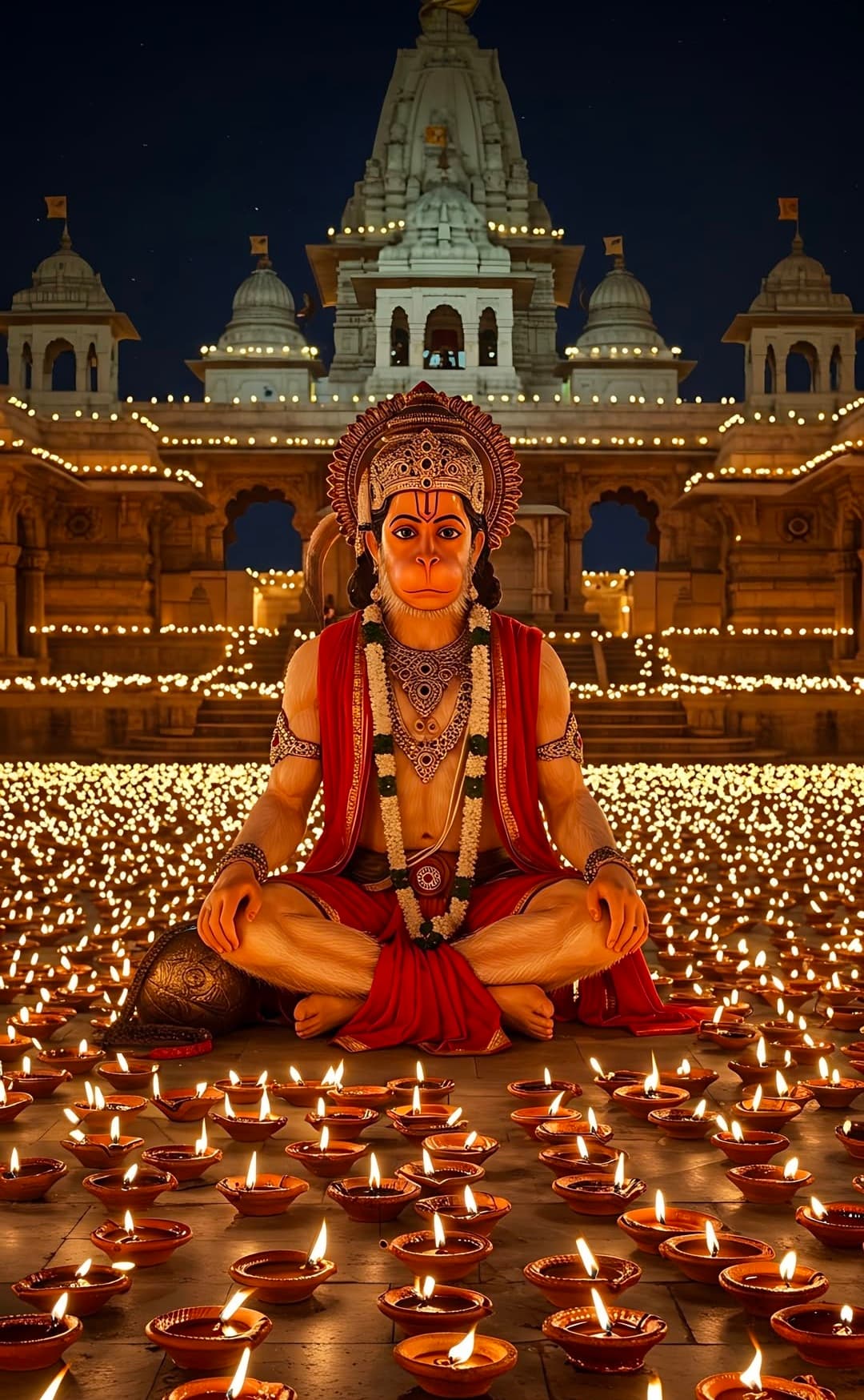 Lord Hanuman idol sitting in front of temple with thousands of diyas