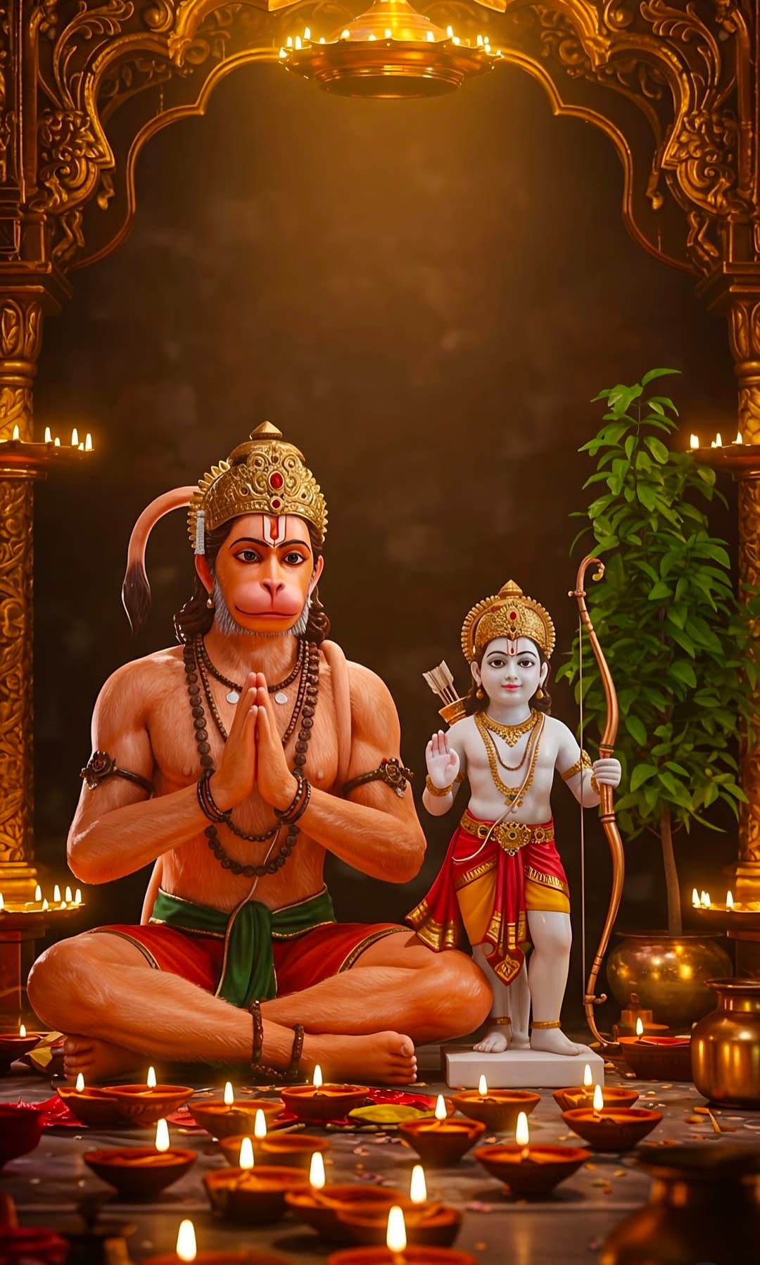 Lord Hanuman praying beside child form of Lord Rama surrounded by diyas