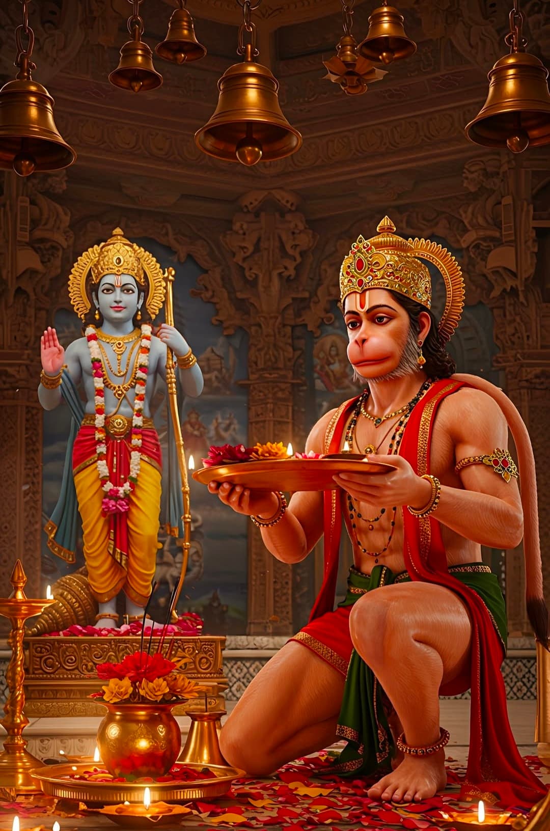 Lord Hanuman offering aarti with diyas before Lord Rama idol in temple