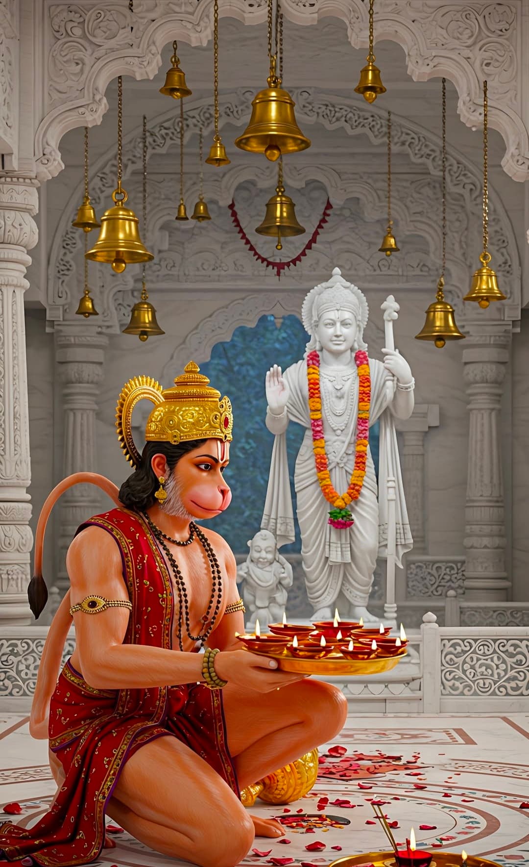 Lord Hanuman kneeling with diyas in temple before Lord Rama idol