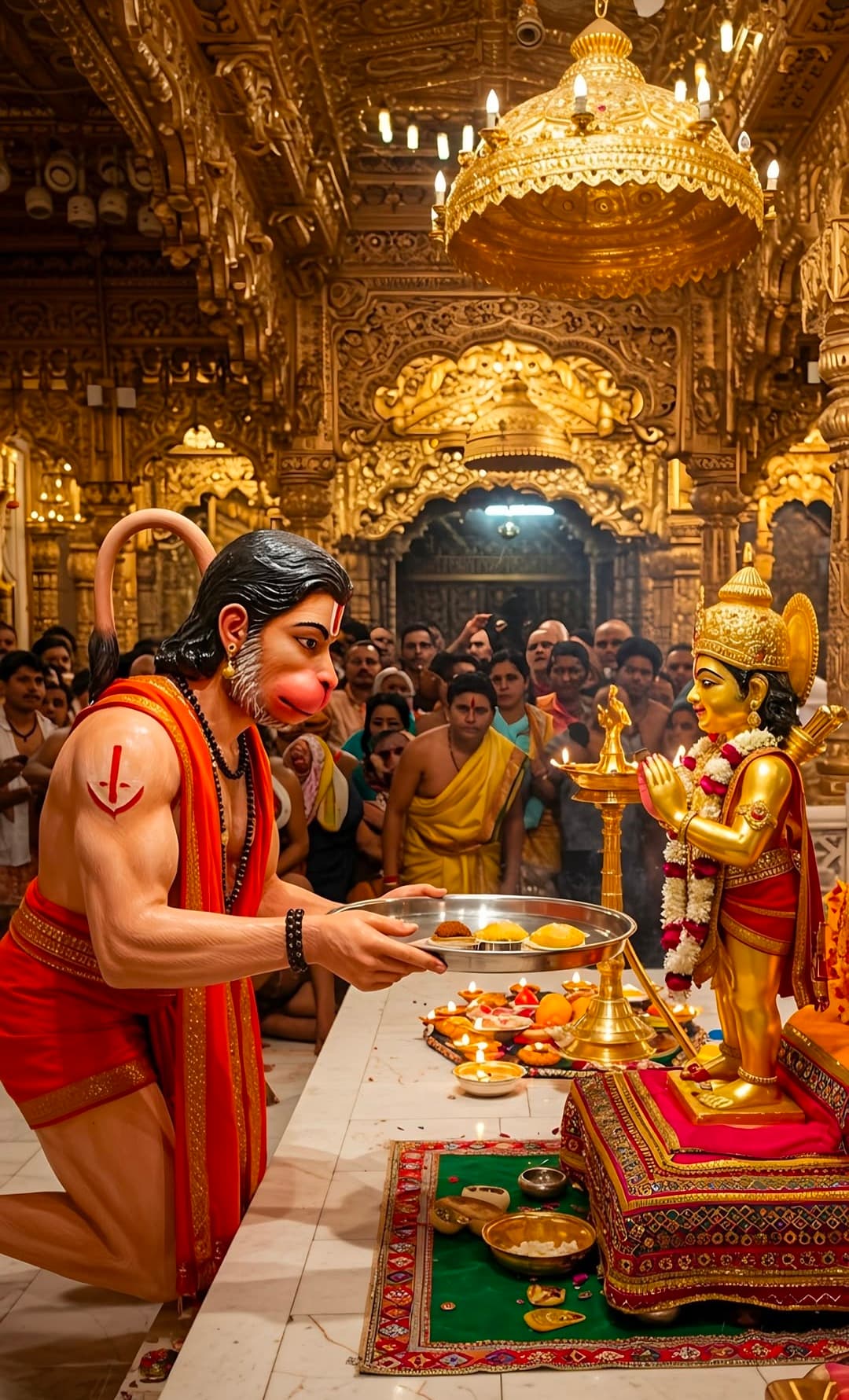 Lord Hanuman performing aarti to golden idol of Lord Rama in temple