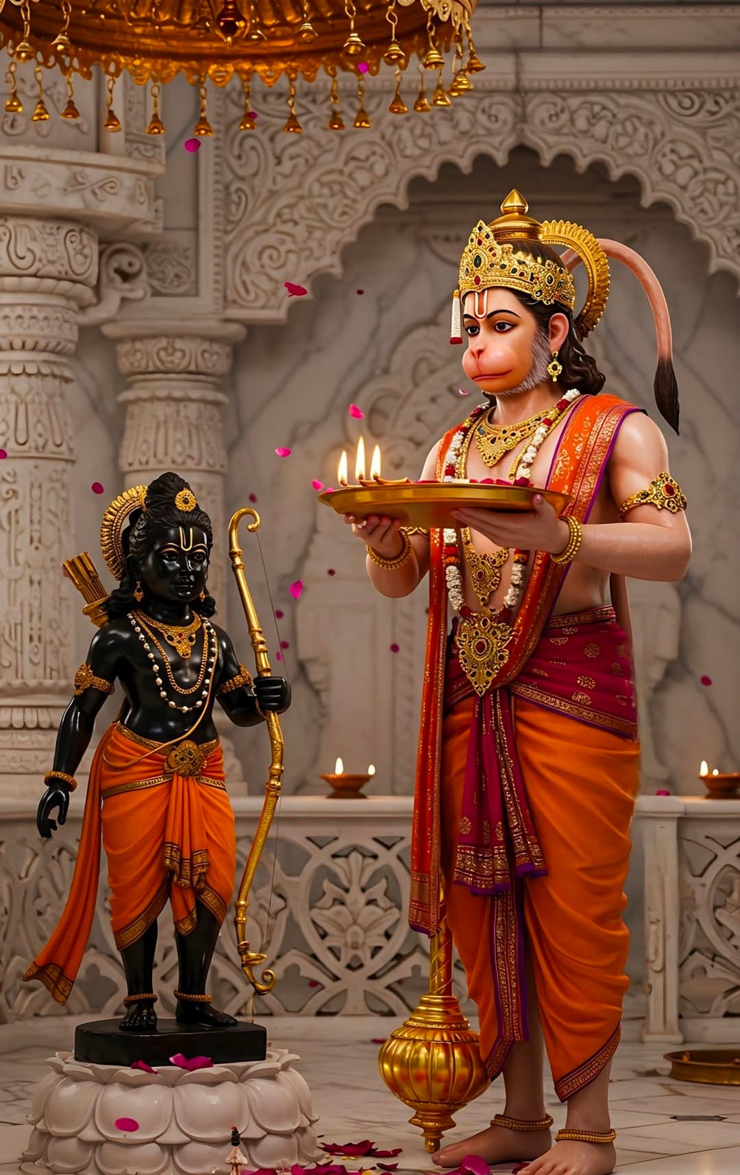 Lord Hanuman performing aarti to Lord Rama idol in a decorated temple