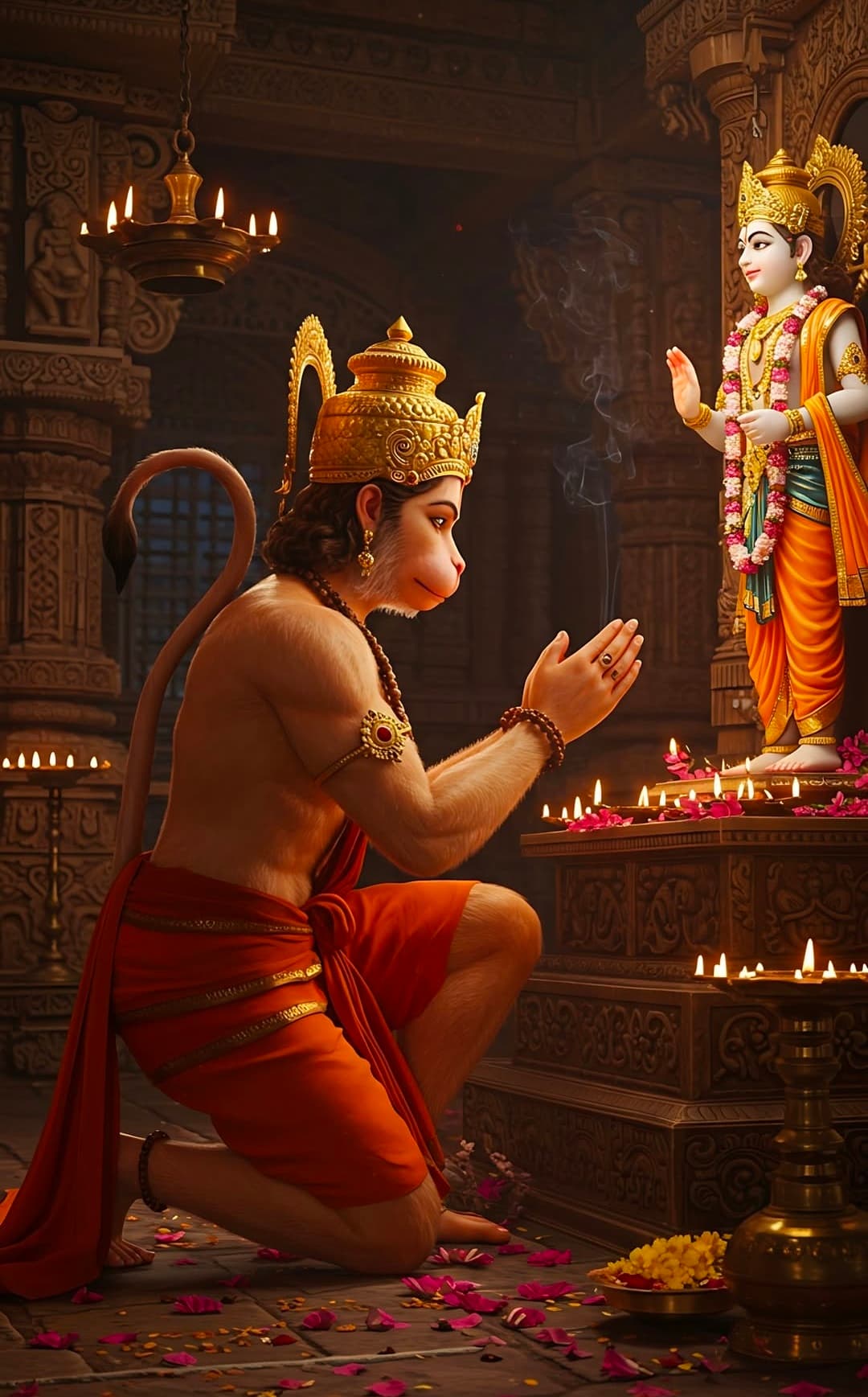Lord Hanuman kneeling and praying to Lord Rama with folded hands in temple