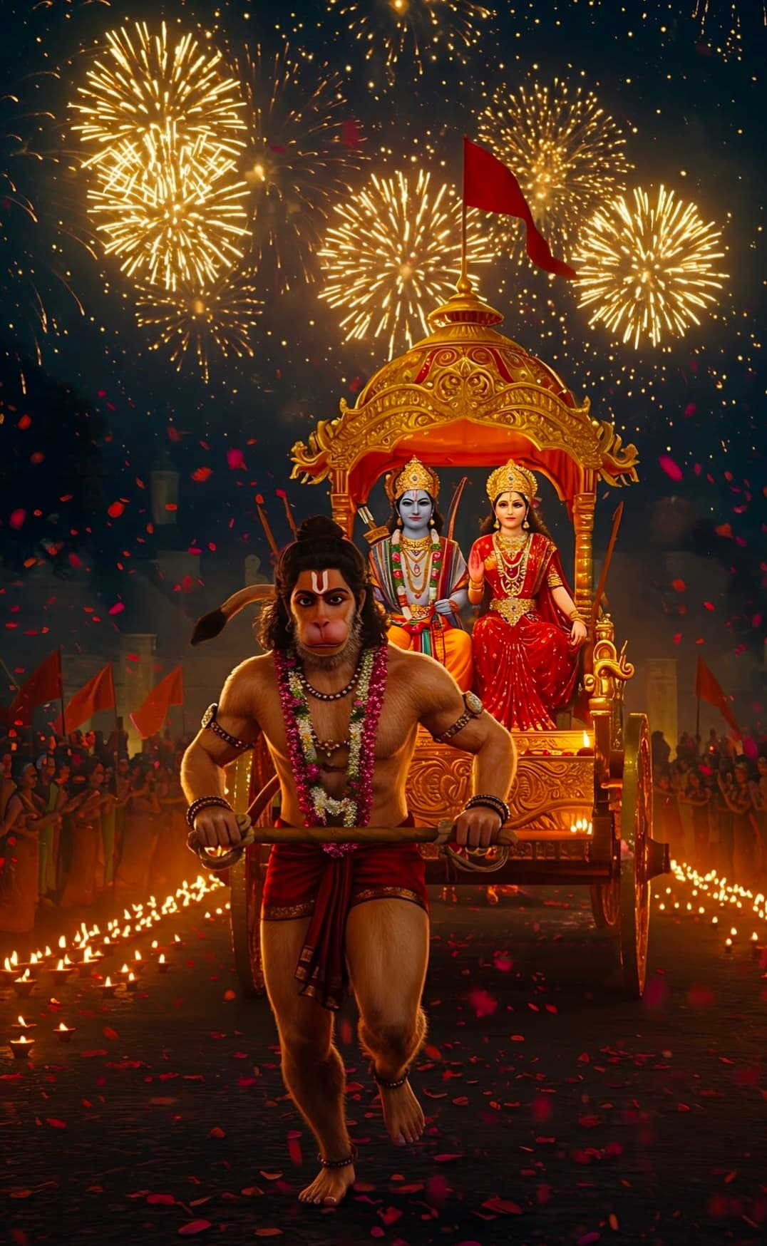Lord Hanuman pulling golden chariot of Shri Ram and Mata Sita with fireworks in background
