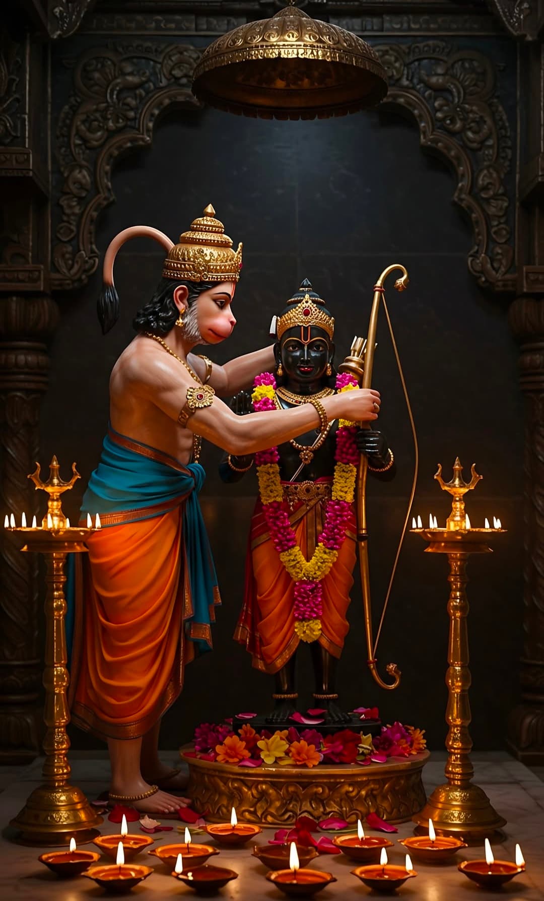 Lord Hanuman lovingly adjusting the bow of Lord Rama in temple with devotion